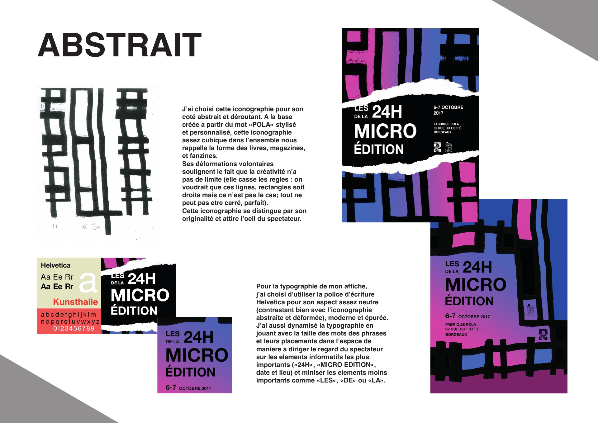 Explication du style iconographique des affiches événementielles pour l'événement "Les 24h de la micro-édition" se déroulant à la fabrique POLA à Bordeaux. Explanation of the iconographic style of the event posters for the event "Les 24h de la micro-édition" taking place at the POLA factory in Bordeaux.