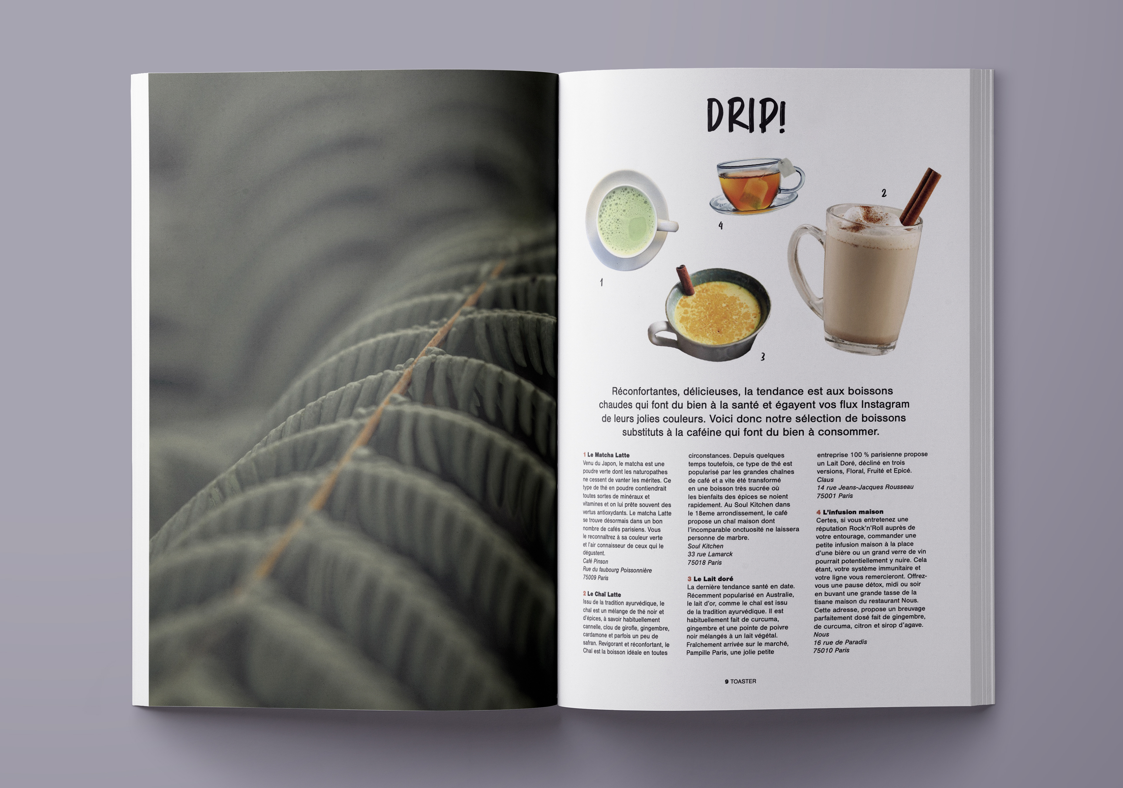 Pages du magazine de cuisine Toaster, exprimant les dernières tendances culinaires (aliments, ingrédients, boissons, cuisine) et les actualités du monde de la gastronomie (meilleurs restaurants gastronomiques, interviews de chefs renommés). Pages of the cooking magazine Toaster, expressing the latest culinary trends (food, ingredients, beverages, cooking) and news from the world of gastronomy (best gourmet restaurants, interviews with famous chefs).