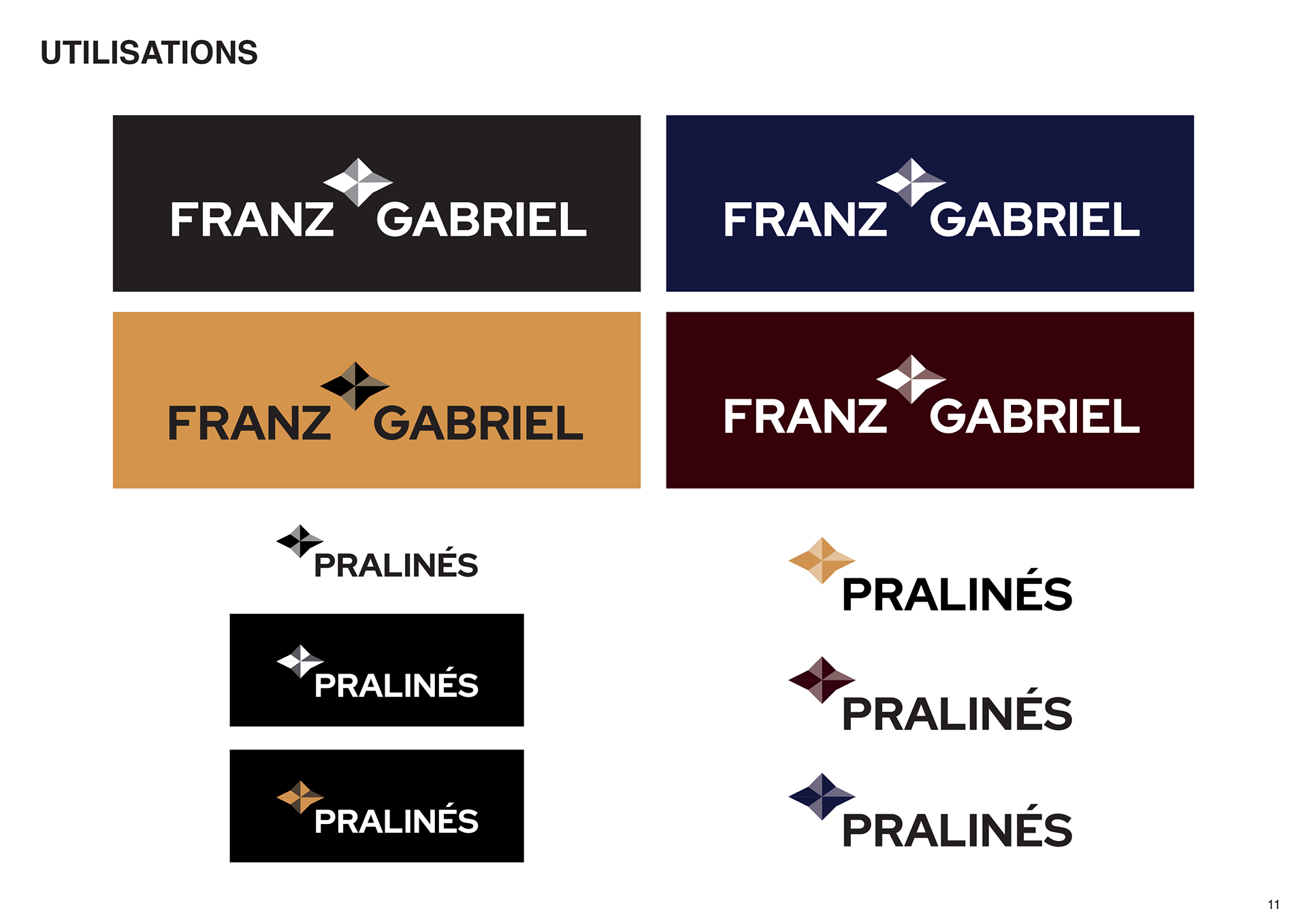 Utilisation sur different fonds du logotype de la marque de l'artisan chocolatier français, Franz Gabriel. Use on different backgrounds of the logotype of the brand of the French chocolate maker, Franz Gabriel.