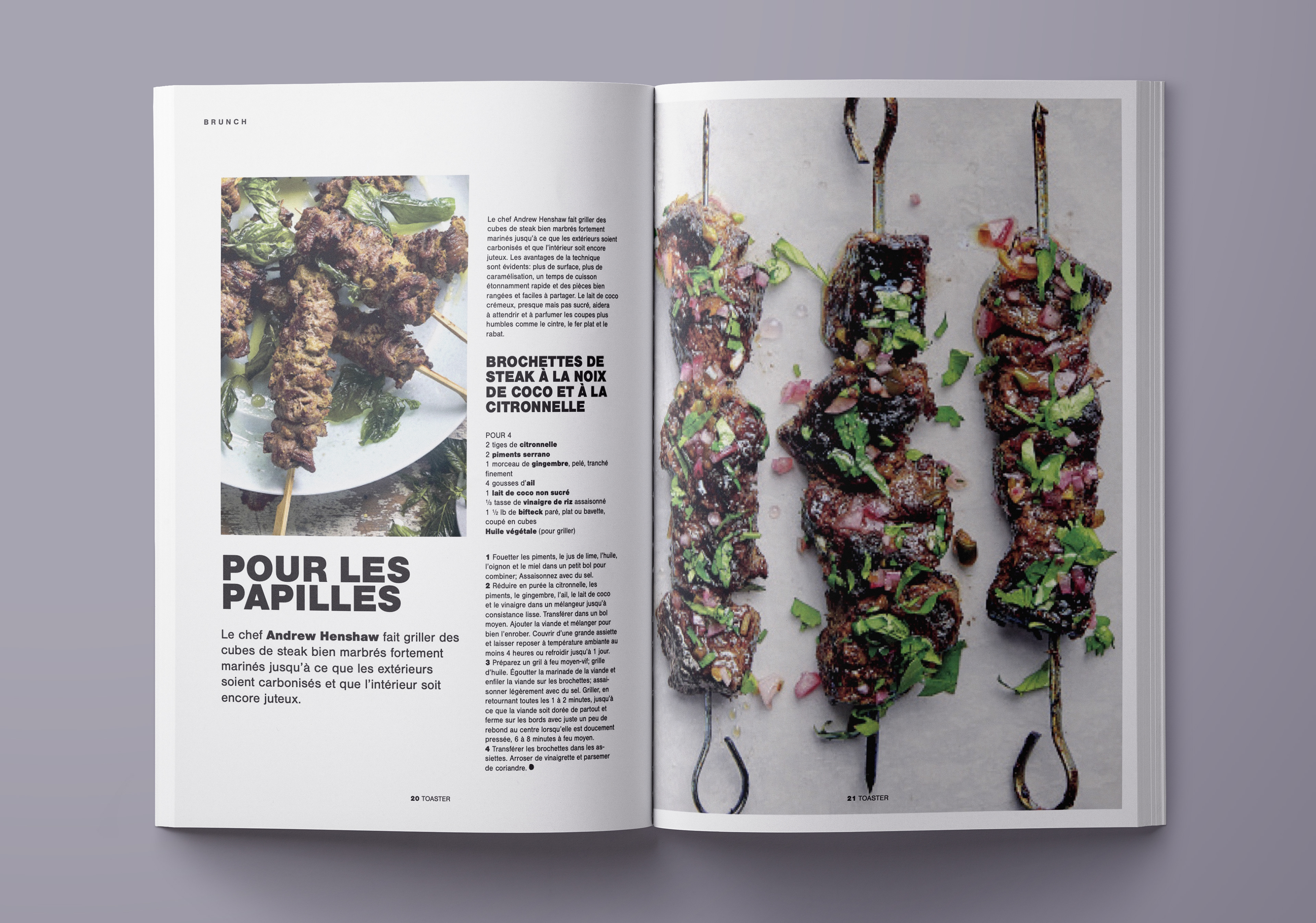 Pages du magazine de cuisine Toaster, exprimant les dernières tendances culinaires (aliments, ingrédients, boissons, cuisine) et les actualités du monde de la gastronomie (meilleurs restaurants gastronomiques, interviews de chefs renommés). Pages of the cooking magazine Toaster, expressing the latest culinary trends (food, ingredients, beverages, cooking) and news from the world of gastronomy (best gourmet restaurants, interviews with famous chefs).