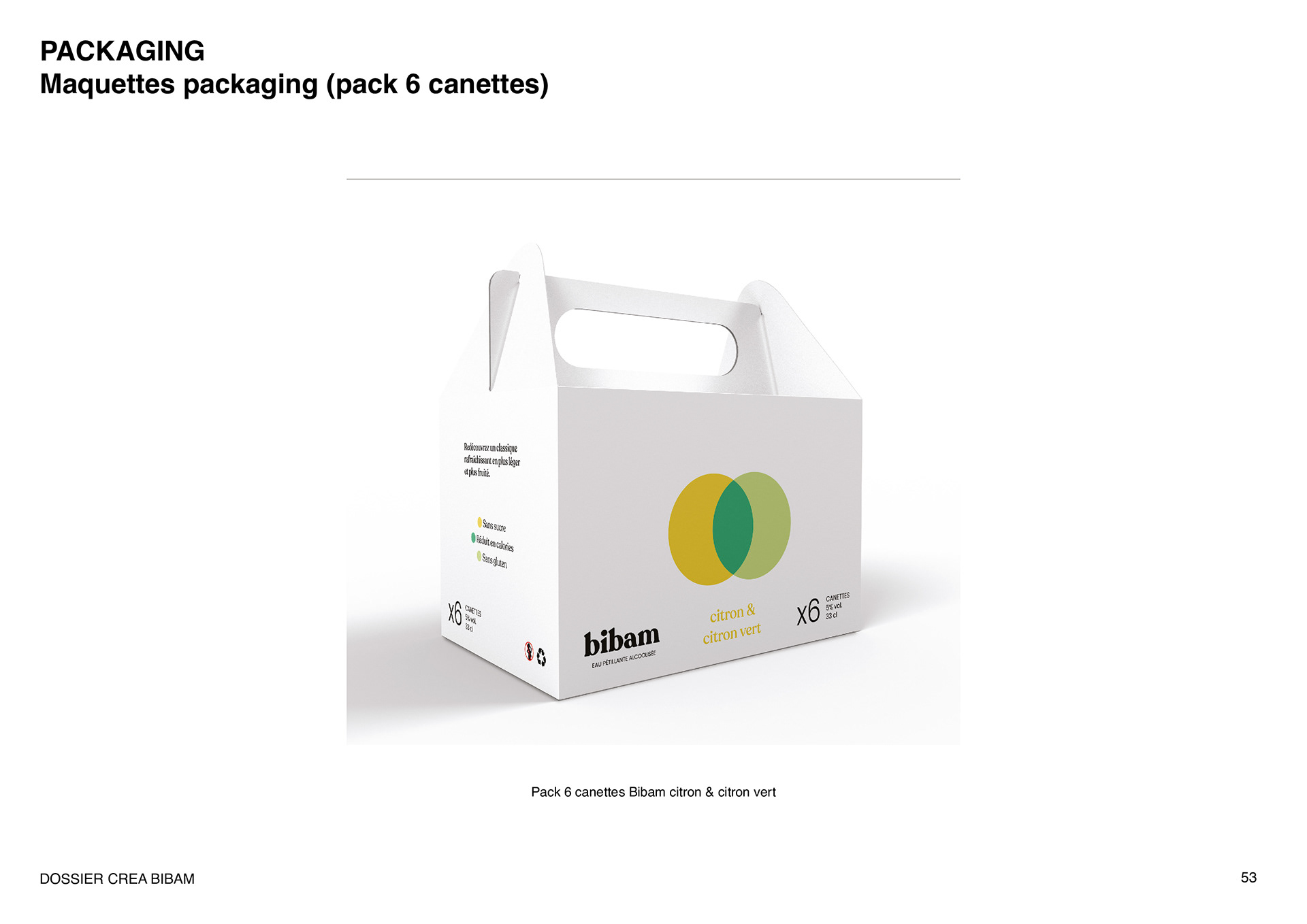 Maquette du packaging du pack de 6 canettes saveur citron et citron vert de la marque d'eau petillante alcoolisée Bibam. Model of the packaging for the 6-pack of lemon and lime flavored cans of the Bibam brand of alcoholic sparkling water.