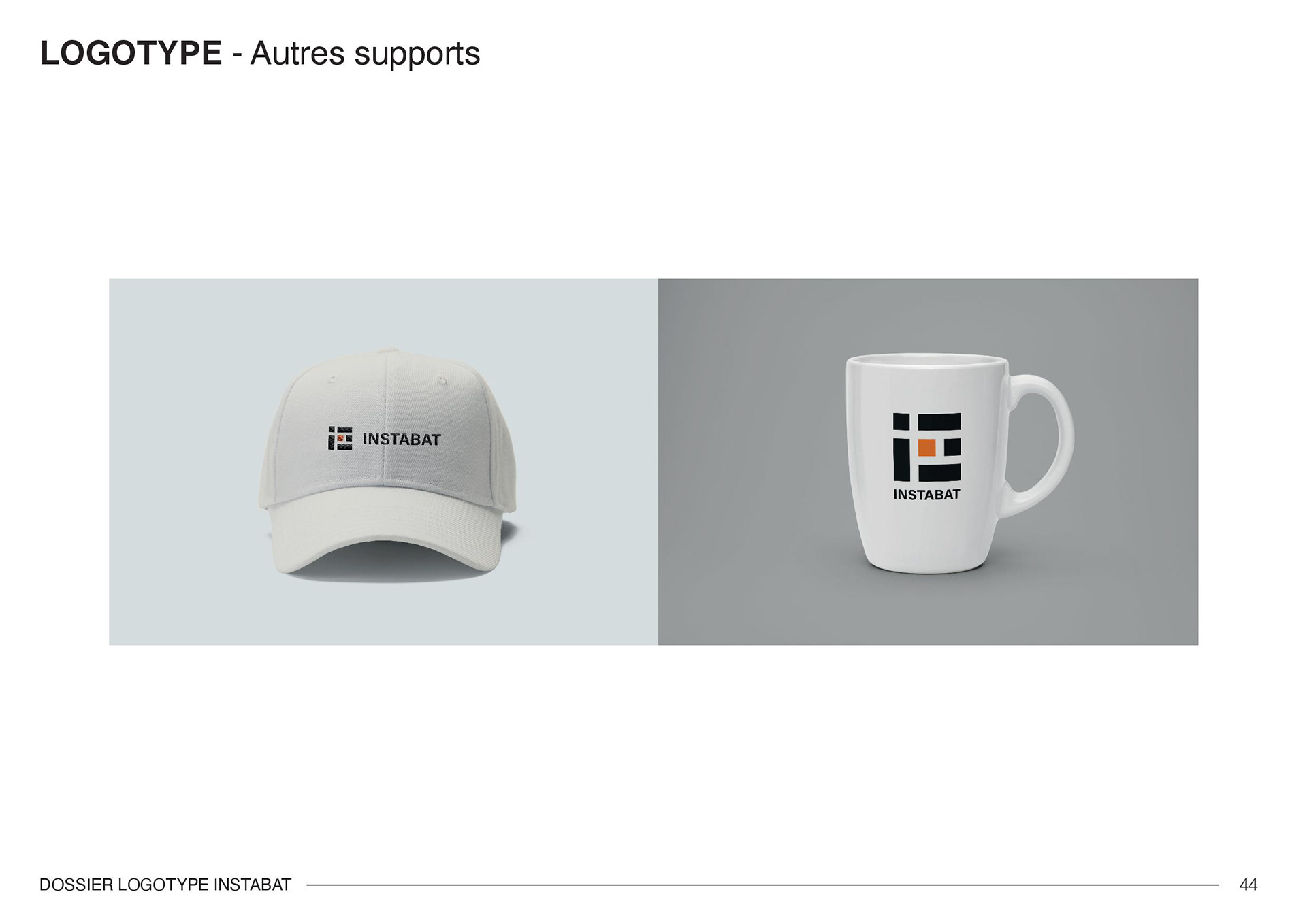 Autres supports (casquette et tasse de thé) avec l'identité visuelle de l'entreprise Instabat. Other materials (cap and tea cup) with the visual identity of the company Instabat.