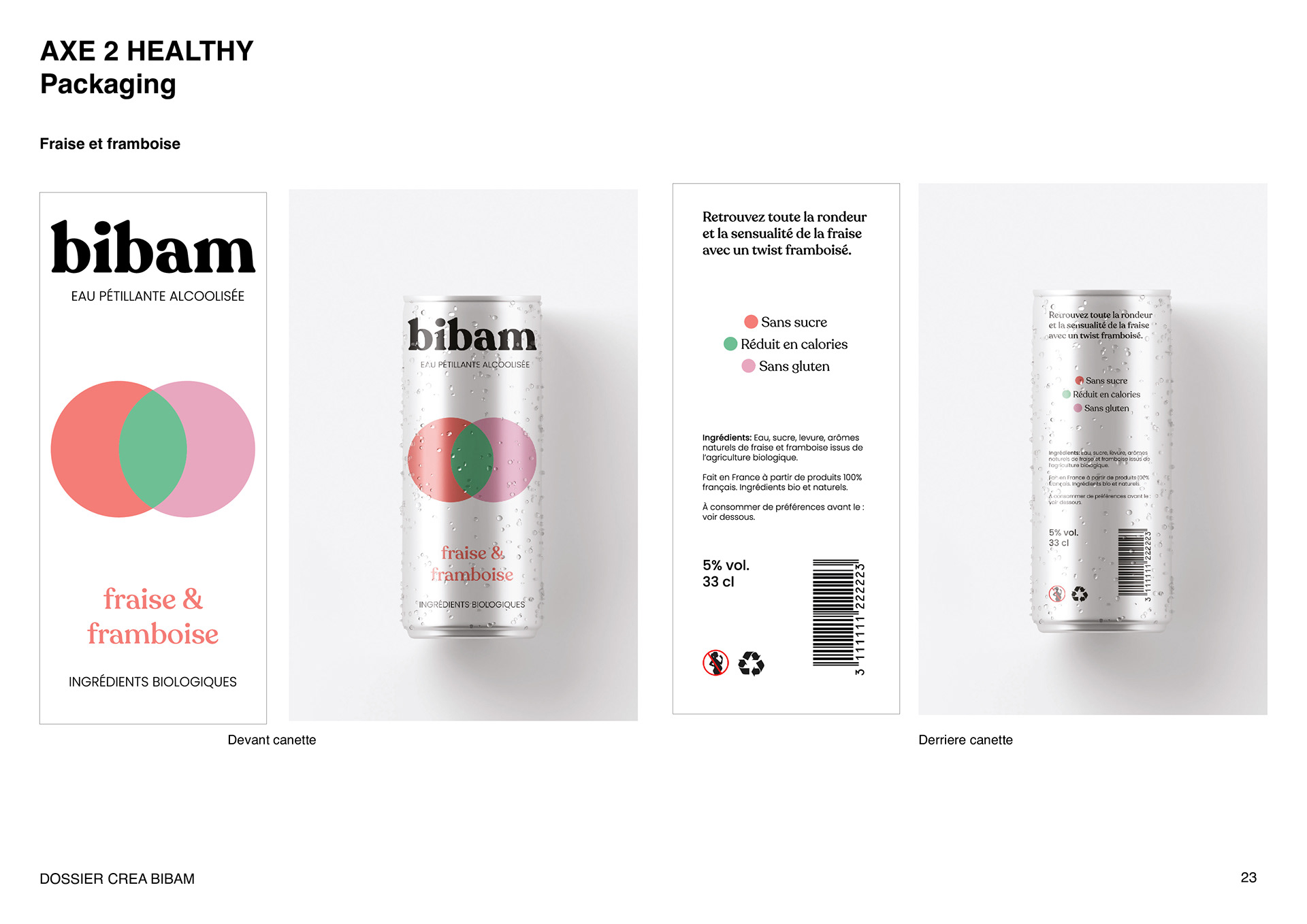 Proposition de packaging pour une canette d'eau pétillante alcoolisée saveur fraise et framboise.de la marque Bibam. Mise en situation du packaging sur mock-up de canette 33cl. Proposal of packaging for a can of alcoholic sparkling water strawberry and raspberry flavor of the brand Bibam. Packaging on a mock-up of a 33cl can.