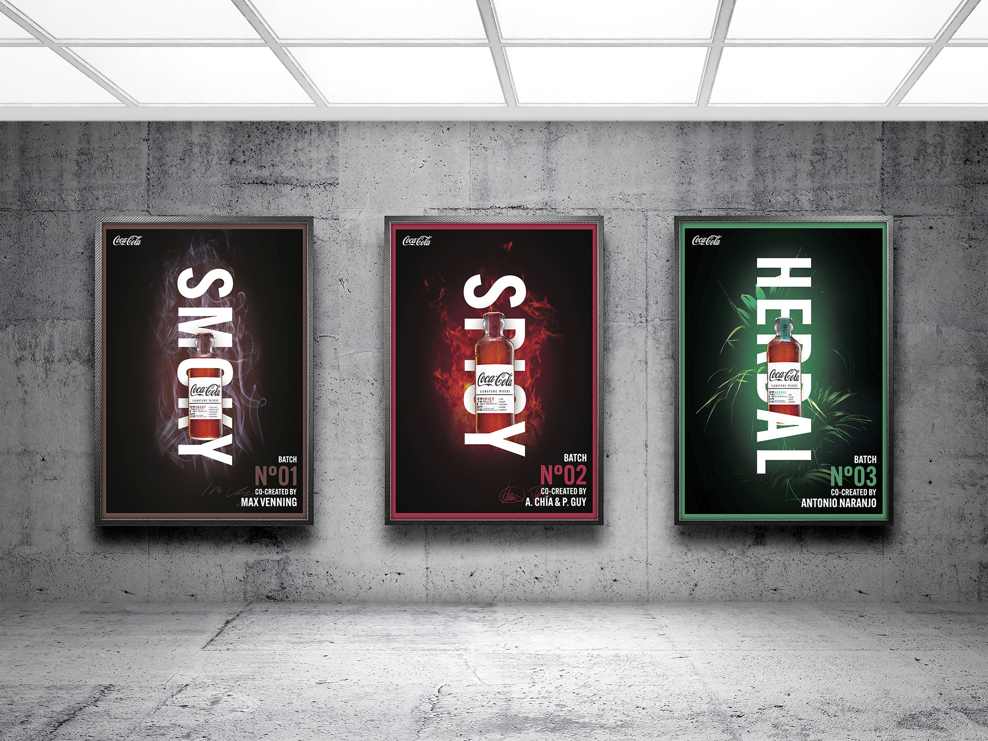 Mise en situation d'une série d'affiche pour la campagne de communication des Coca-Cola Signature Mixers (Smoky, Spicy, Herbal), sur mockup. Setting of a series of poster for the communication campaign of Coca-Cola Signature Mixers (Smoky, Spicy, Herbal), on mockup.