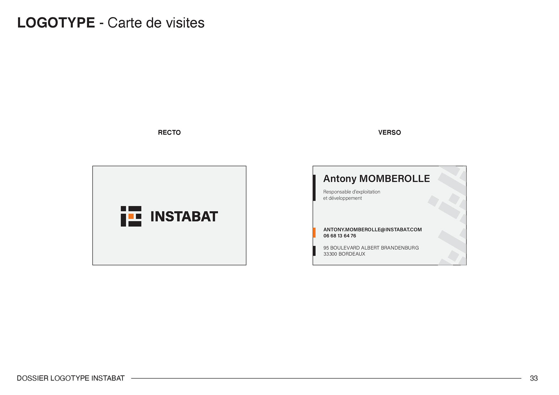 Carte de visite avec l'identité visuelle de l'entreprise Instabat. Business card with the visual identity of the company Instabat.