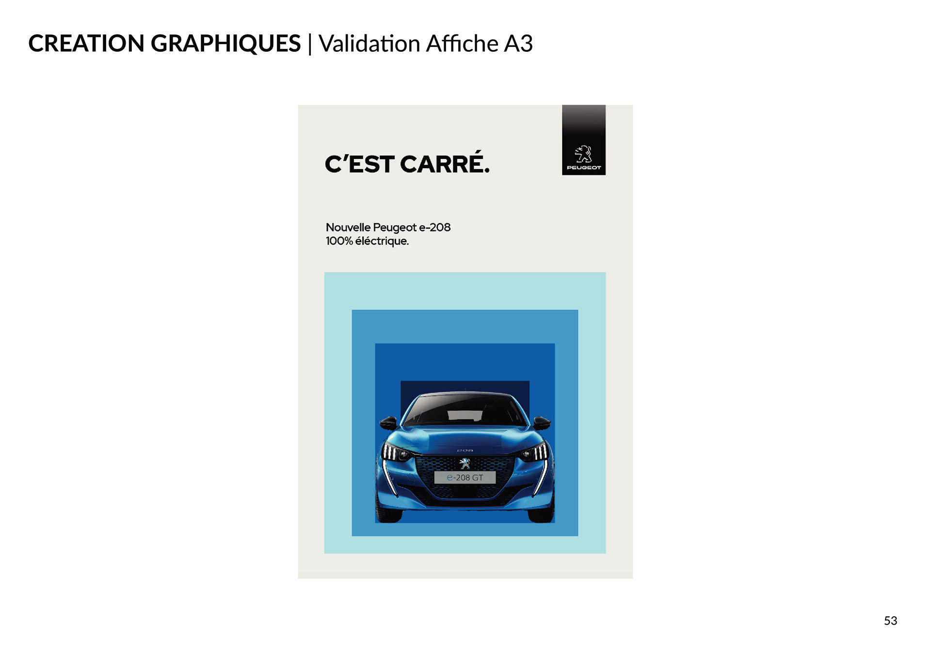 Affiche validée pour la campagne de communication de la Peugeot e-208 100% électrique. Poster validated for the communication campaign of the 100% electric Peugeot e-208.
