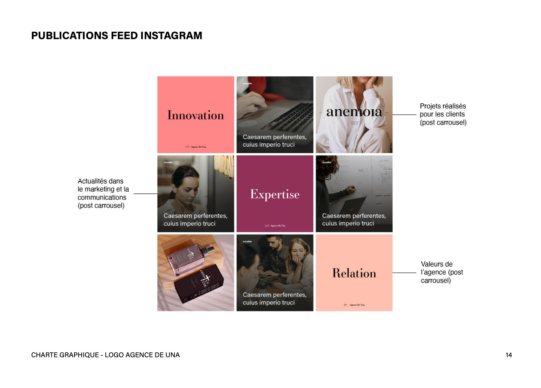 Exemples de publications instagram avec l'identité visuelle de l'agence De Una. Examples of instagram publications with the visual identity of the agency De Una.