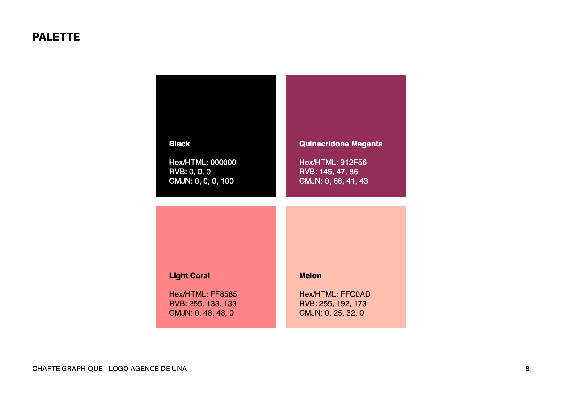 Palette de couleurs de l'identité visuelle de l'agence De Una. Color palette of the visual identity of the agency De Una.