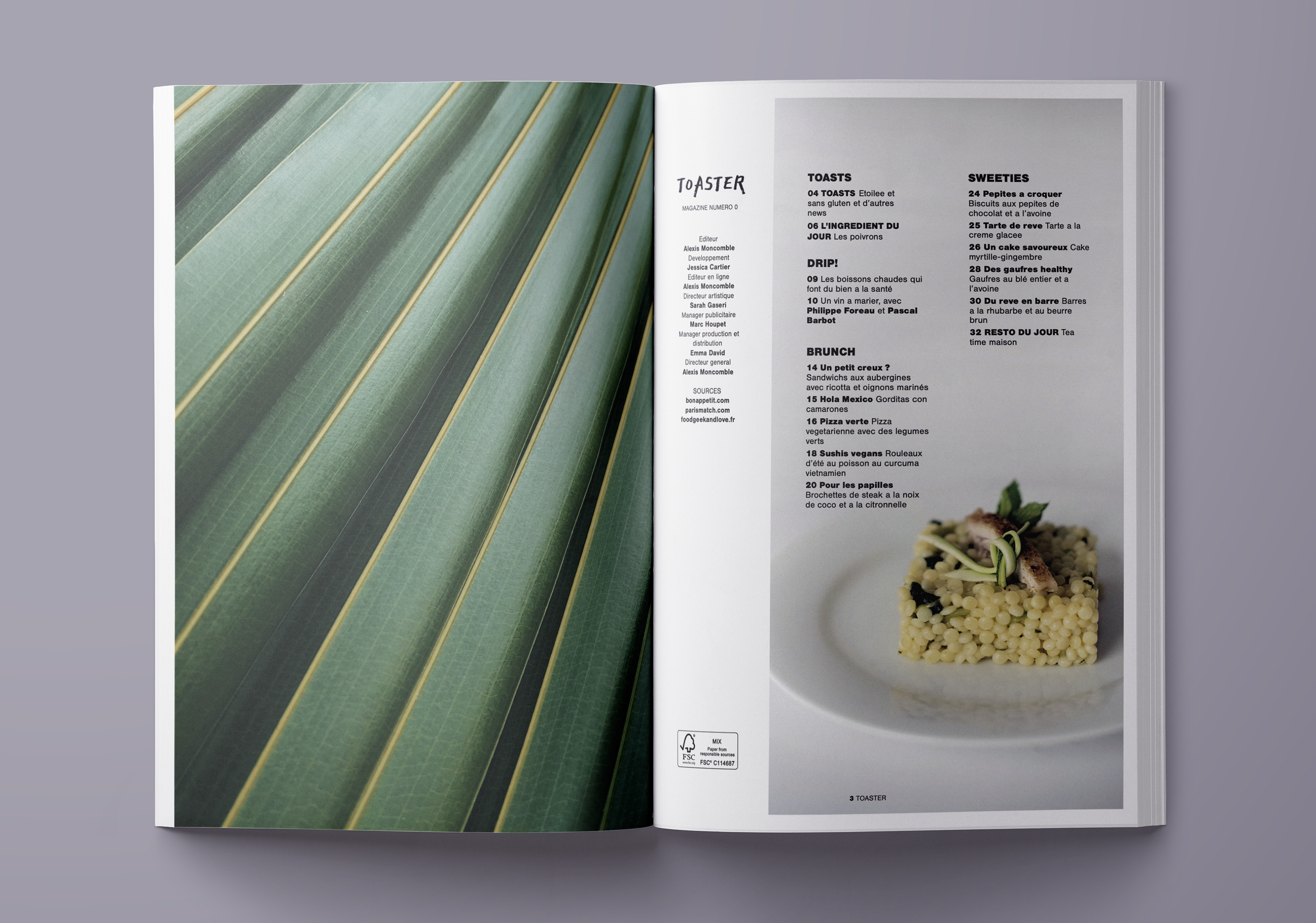 Pages du magazine de cuisine Toaster, exprimant les dernières tendances culinaires (aliments, ingrédients, boissons, cuisine) et les actualités du monde de la gastronomie (meilleurs restaurants gastronomiques, interviews de chefs renommés). Pages of the cooking magazine Toaster, expressing the latest culinary trends (food, ingredients, beverages, cooking) and news from the world of gastronomy (best gourmet restaurants, interviews with famous chefs).