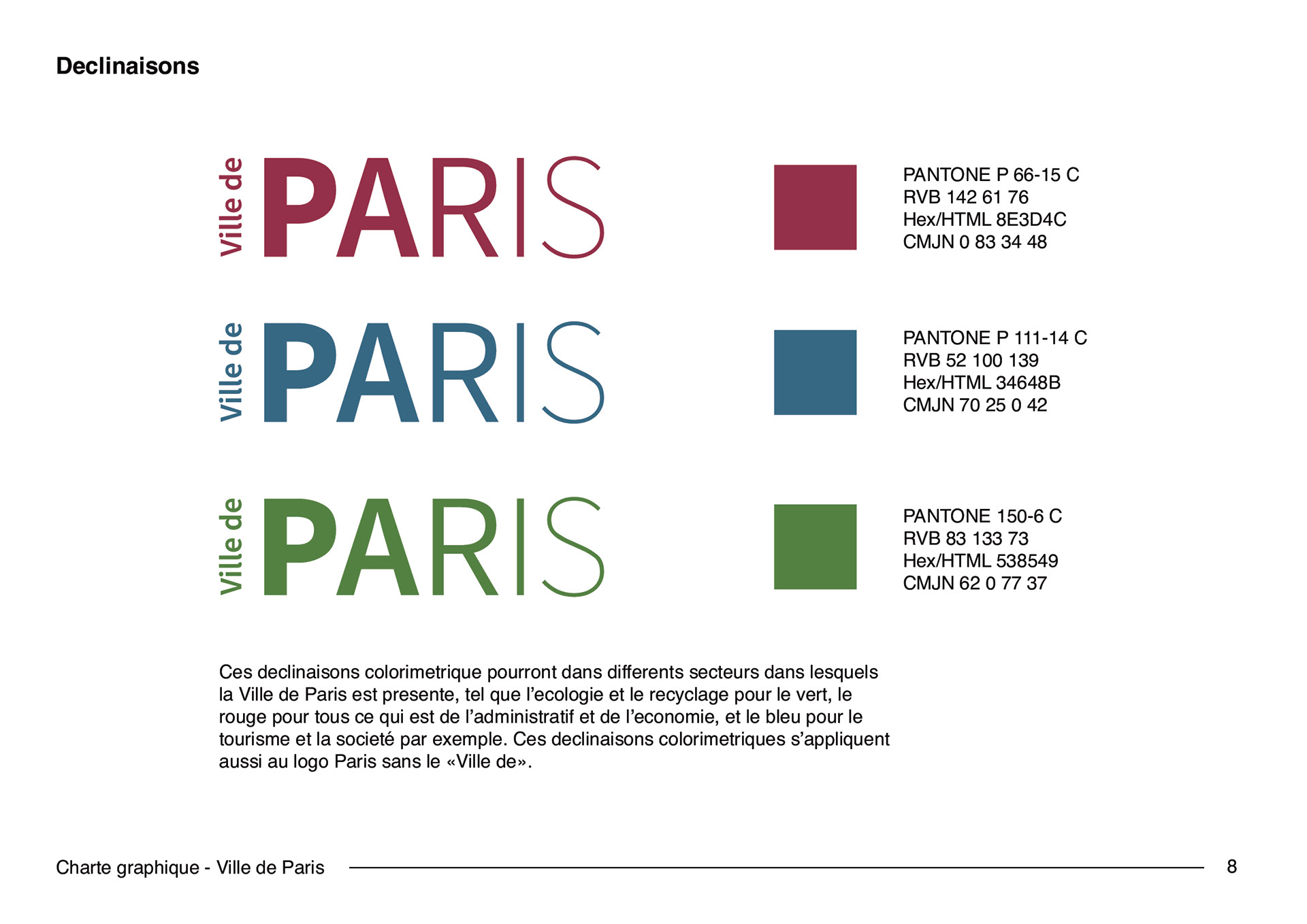 Déclinaisons du logotype typographique réinterprétant le logo original de la ville de Paris. Declinations of the typographic logo reinterpreting the original logo of the city of Paris.