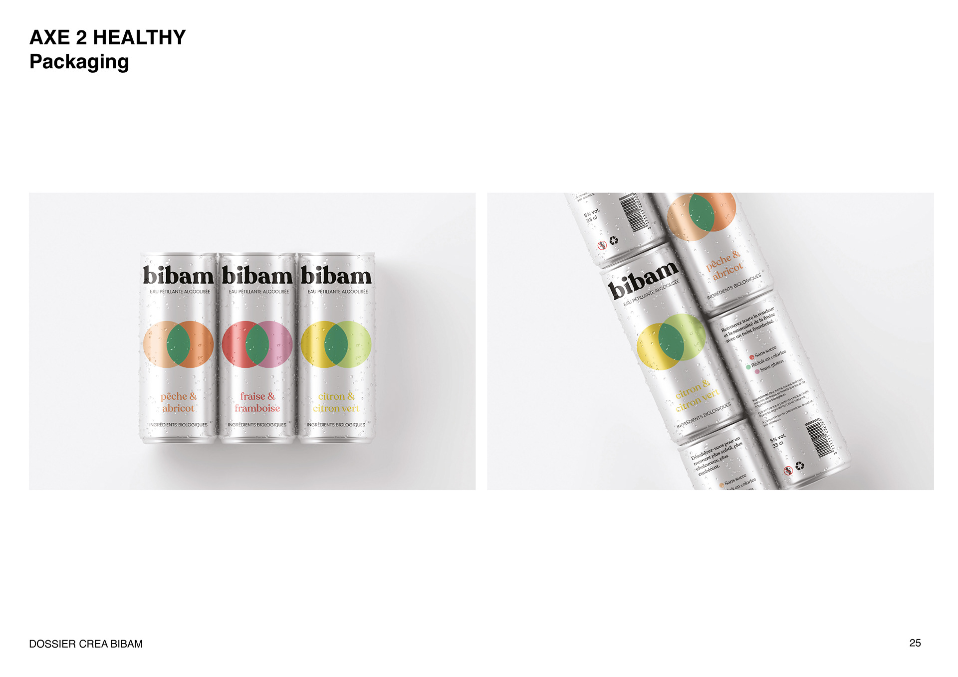 Packaging de canettes 33cl d'eau petillante alcoolisée Bibam avec differentes saveurs. Packaging of 33cl cans of Bibam alcoholic sparkling water with different flavors.