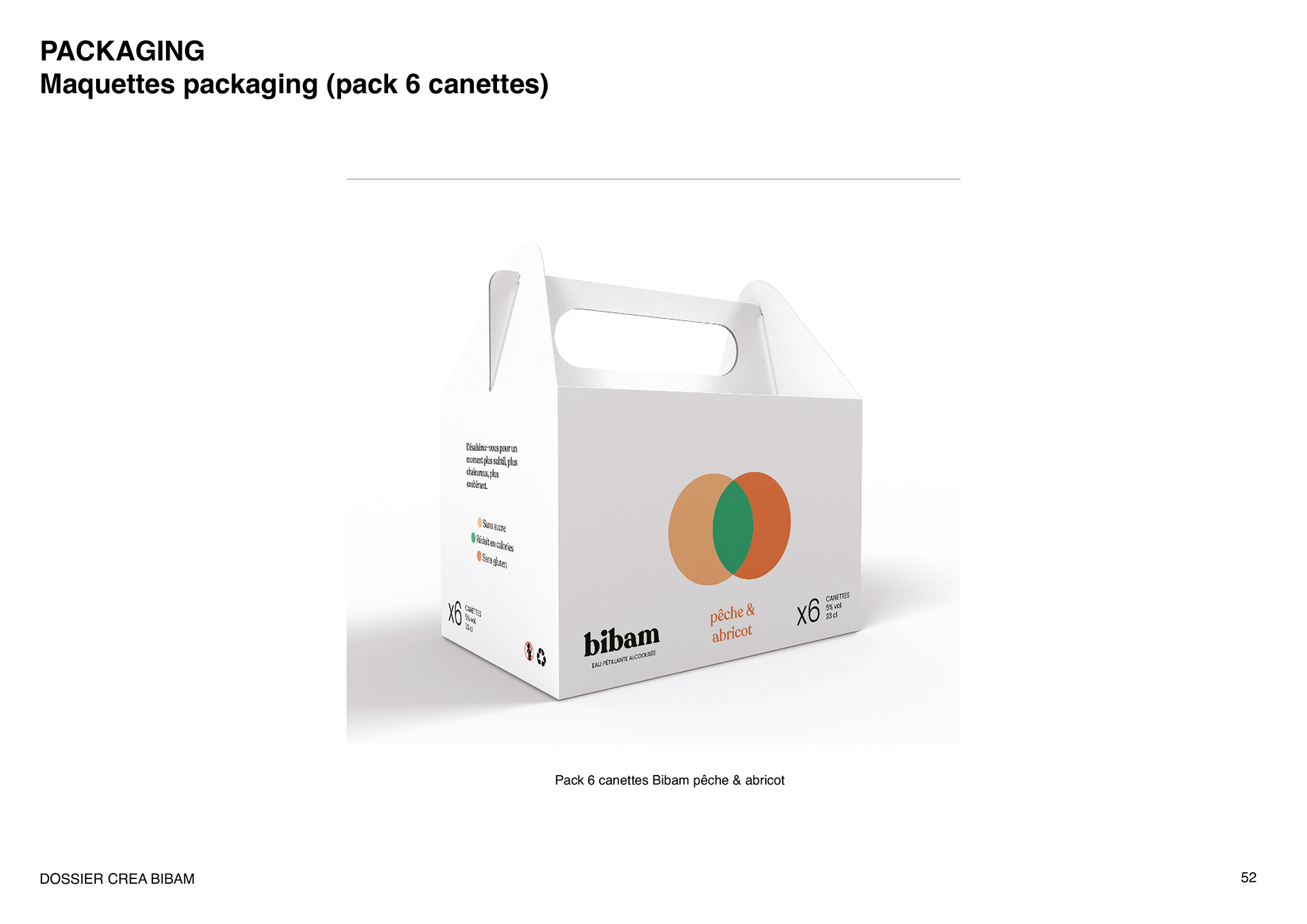 Maquette du packaging du pack de 6 canettes saveur pêche et abricot de la marque d'eau petillante alcoolisée Bibam. Mock-up of the packaging for the 6-pack of peach and apricot flavored cans of the Bibam brand of alcoholic sparkling water.