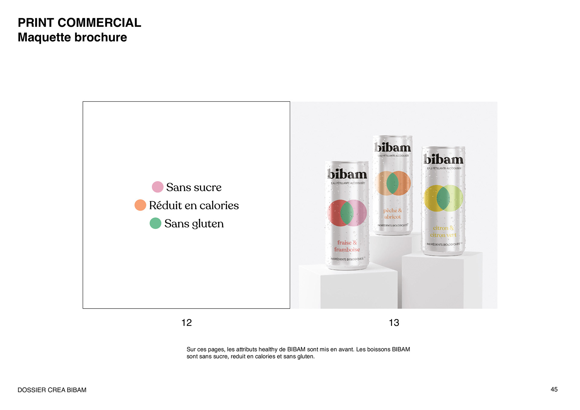 Maquette de la brochure commerciale de présentation des boissons de la marque d'eau petillante alcoolisée Bibam. Design of the commercial brochure presenting the drinks of the Bibam brand of alcoholic sparkling water.