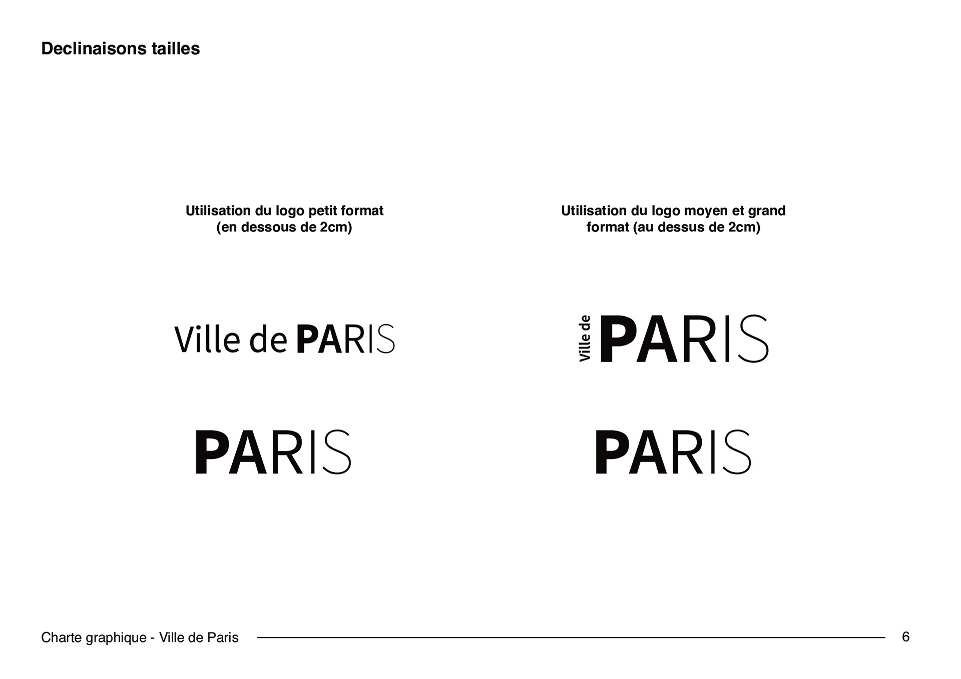 Declinaisons des tailles du logotype typographique réinterprétant le logo original de la ville de Paris. Declinations of the sizes of the typographic logo reinterpreting the original logo of the city of Paris.