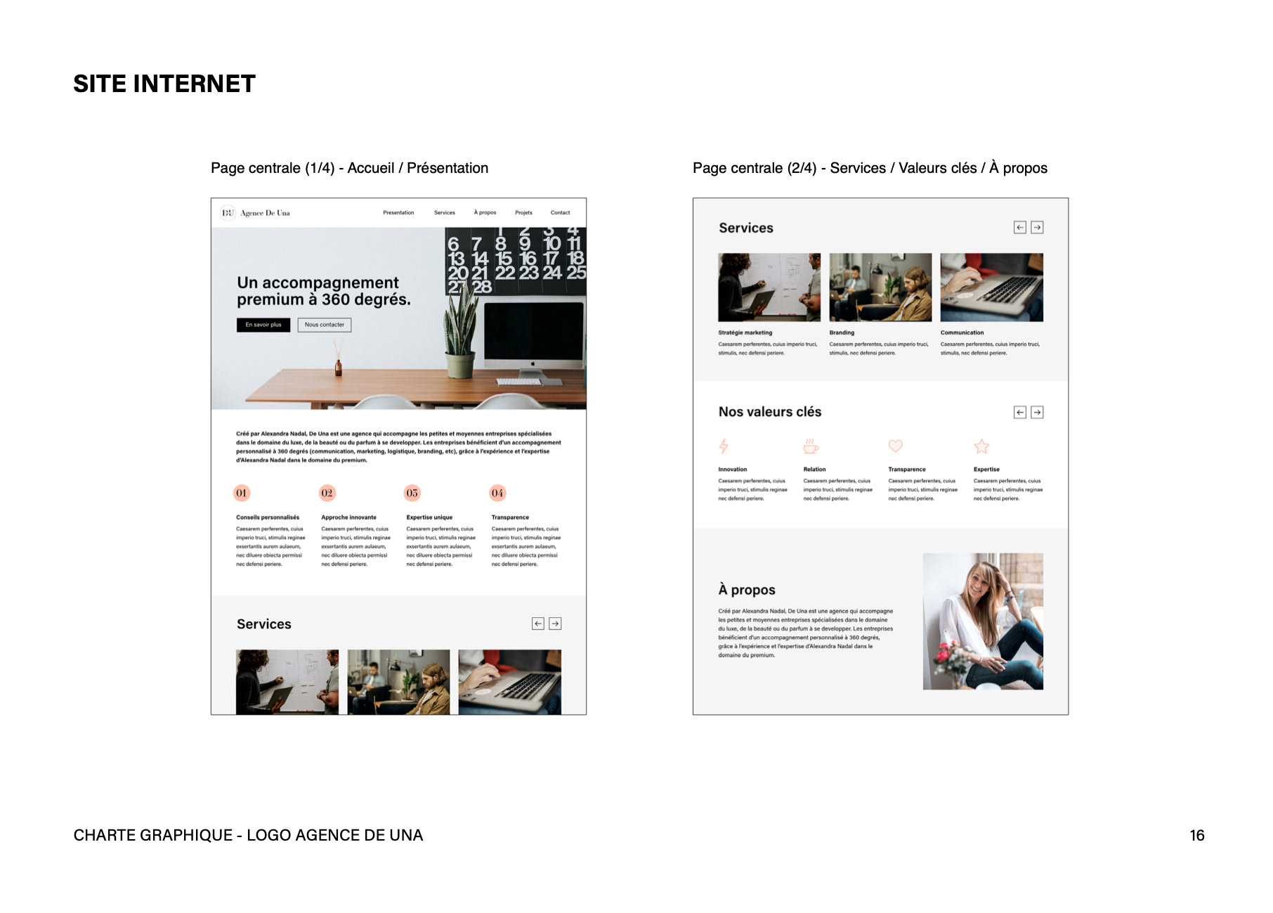 Site web avec l'identité visuelle de l'agence De Una. Website with the visual identity of the agency De Una.