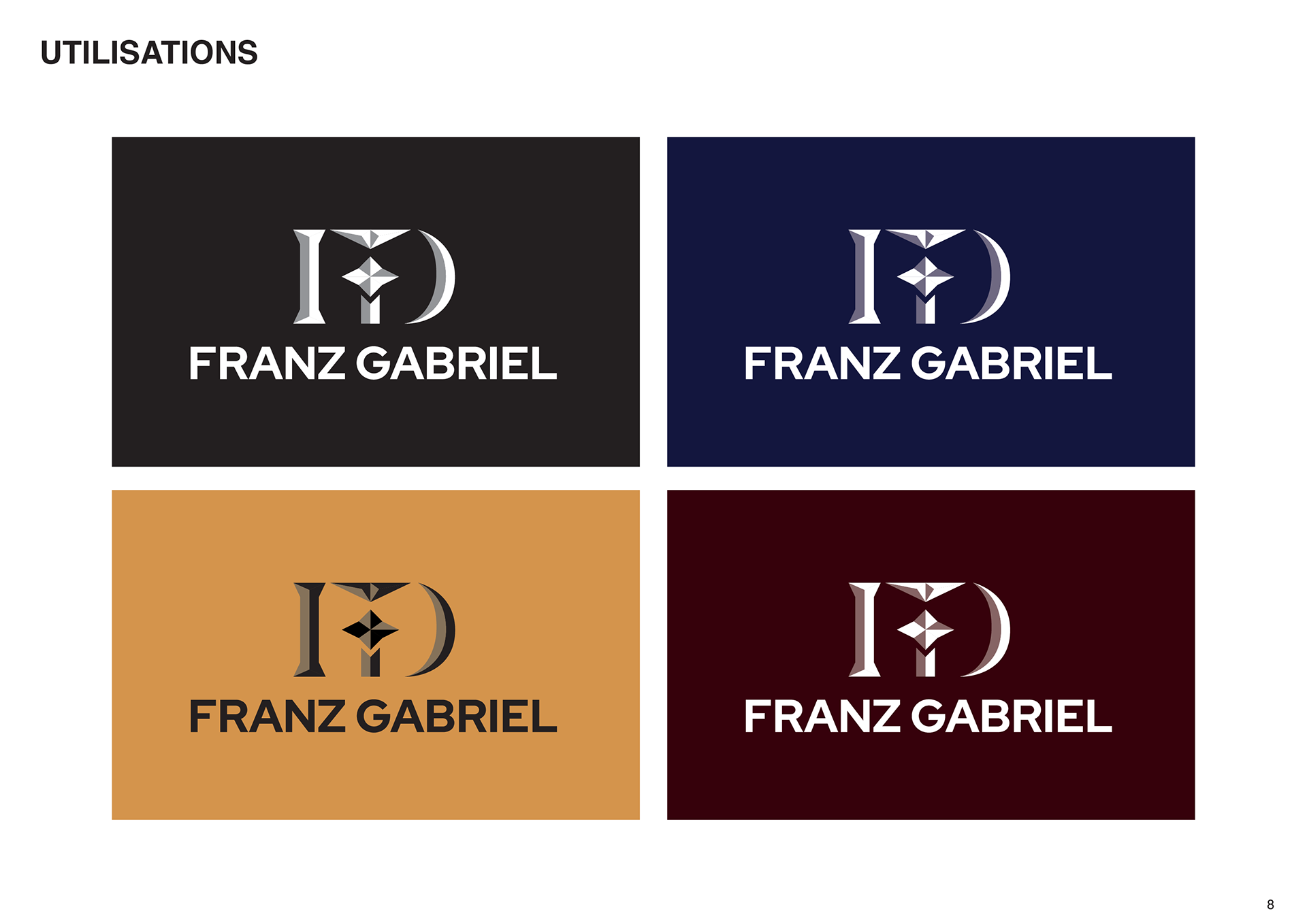 Utilisation sur different fonds du logotype de la marque de l'artisan chocolatier français, Franz Gabriel. Use on different backgrounds of the logotype of the brand of the French chocolate maker, Franz Gabriel.