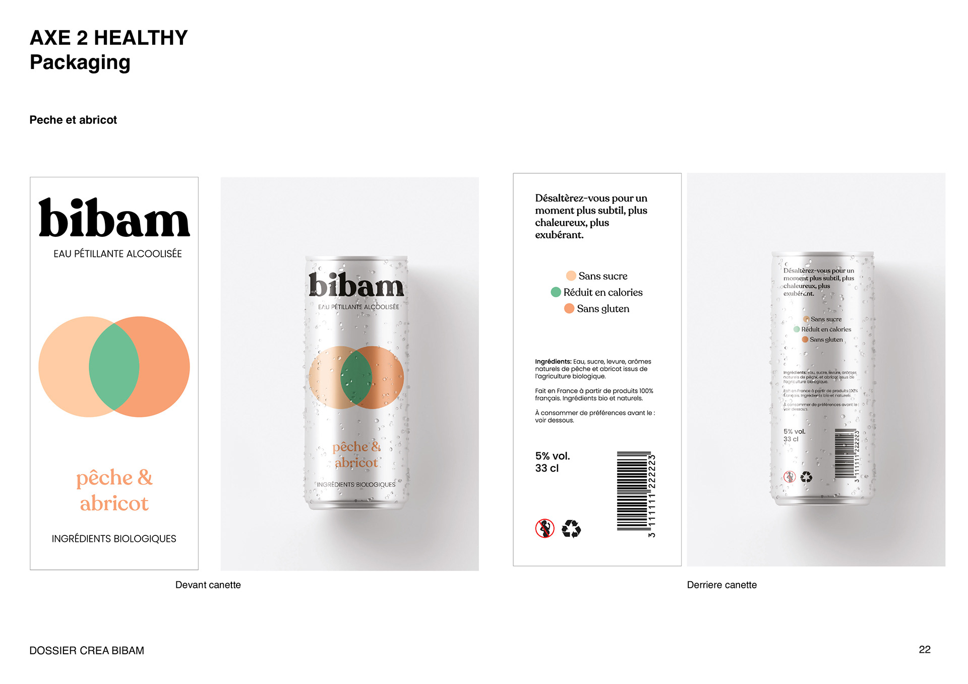 Proposition de packaging pour une canette d'eau pétillante alcoolisée saveur pêche et abricot de la marque Bibam. Mise en situation du packaging sur mock-up de canette 33cl. Proposal of packaging for a can of alcoholic sparkling water with peach and apricot flavor from the Bibam brand. Packaging on a mock-up of a 33cl can.