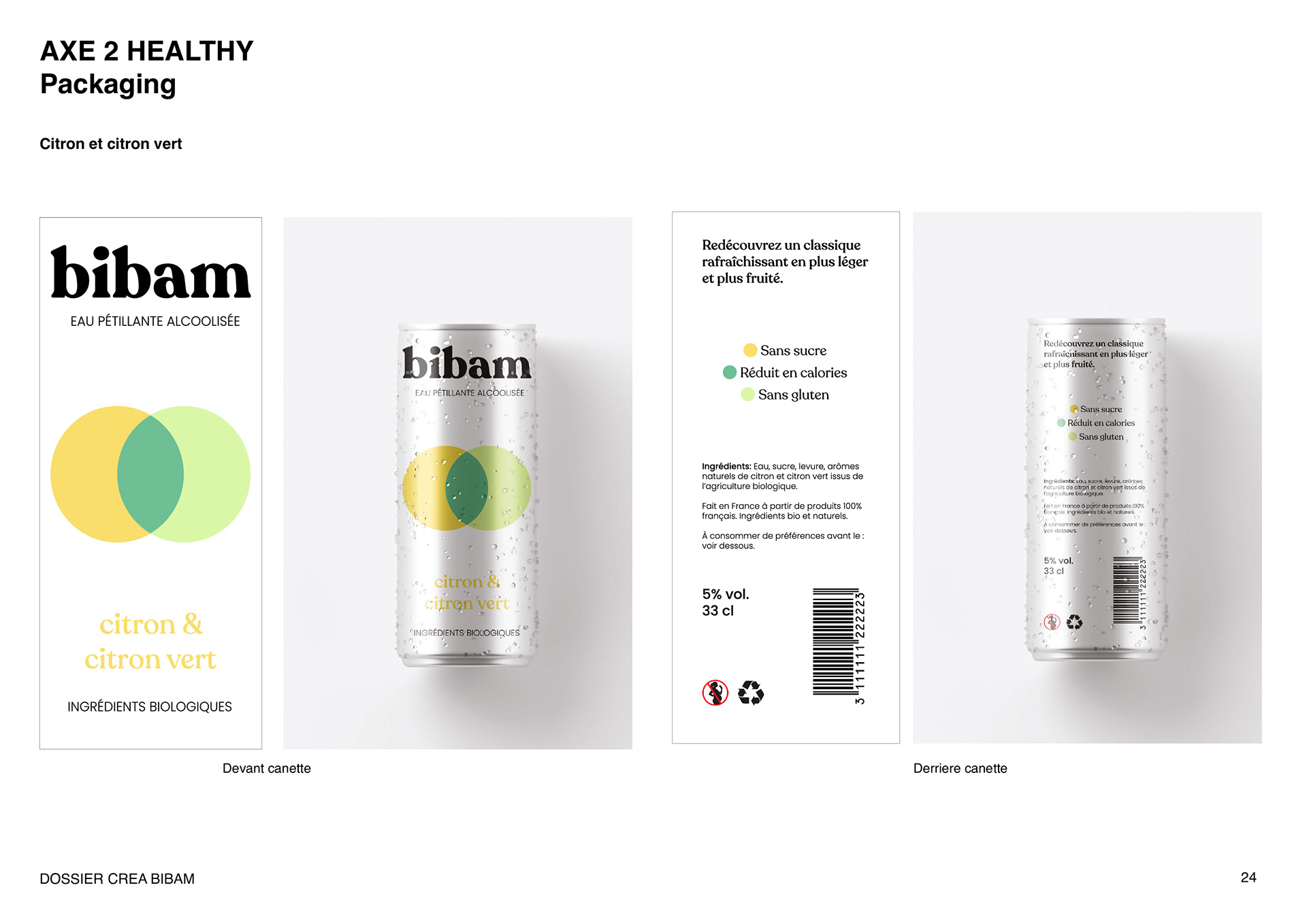 Proposition de packaging pour une canette d'eau pétillante alcoolisée saveur citron et citron vert.de la marque Bibam. Mise en situation du packaging sur mock-up de canette 33cl. Proposal of packaging for a can of alcoholic sparkling water lemon and lime flavor. Packaging on a mock-up of a 33cl can.