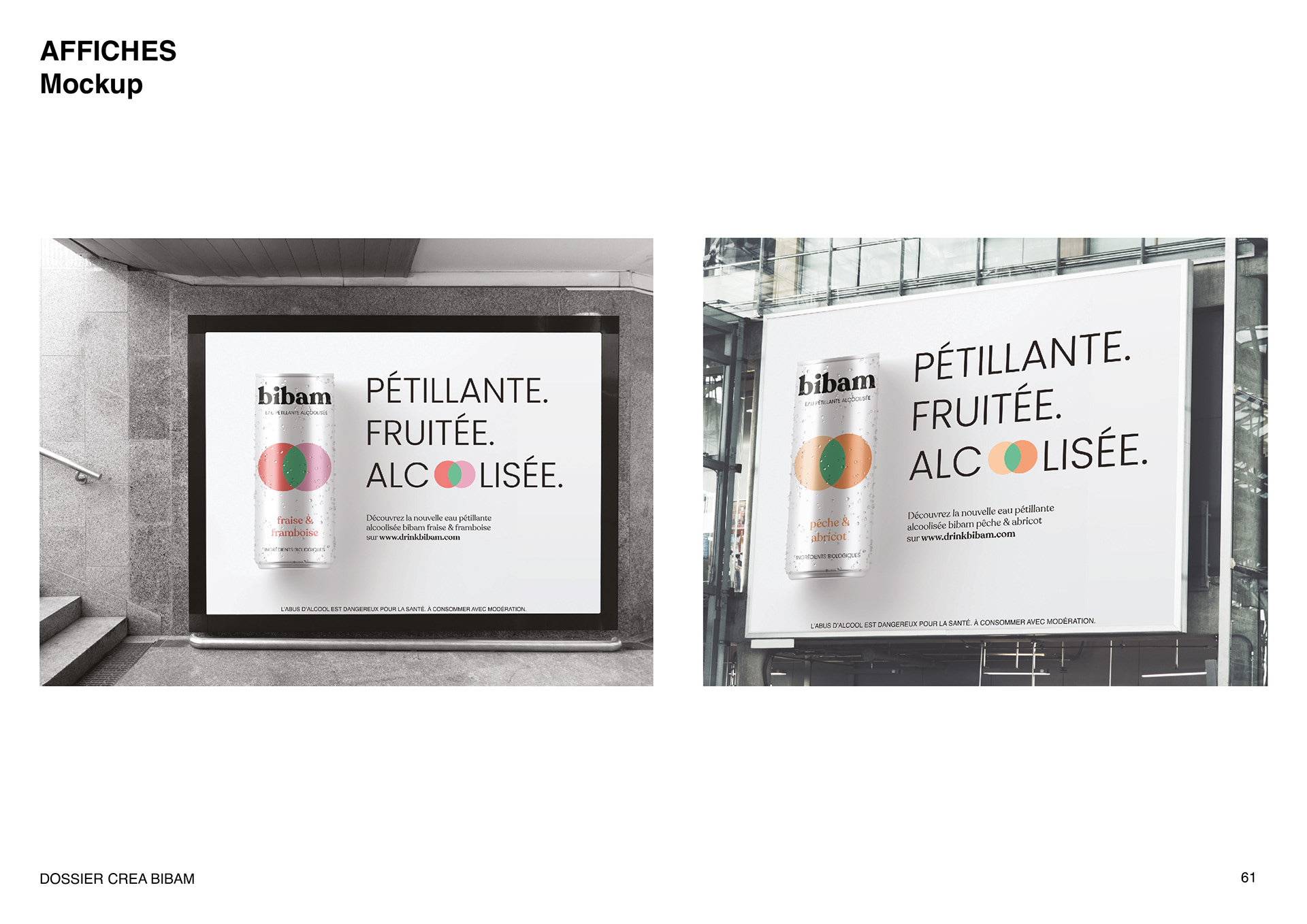 Mock-up des affiches de la campagne publicitaire des boissons petillantes alcoolisées Bibam. Mock-up of the posters of the advertising campaign of Bibam alcoholic soft drinks.