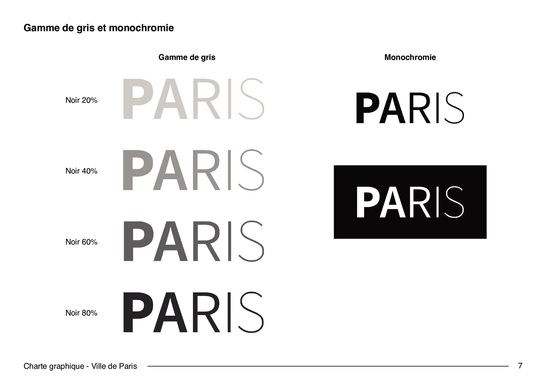 Gamme de gris et monochromie du logotype typographique réinterprétant le logo original de la ville de Paris. Range of gray and monochrome of the typographic logo reinterpreting the original logo of the city of Paris.