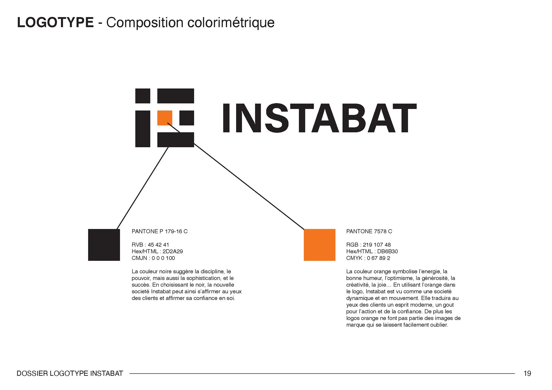 Composition colorimétrique du logotype de l'entreprise Instabat. Color composition of the Instabat company logo.