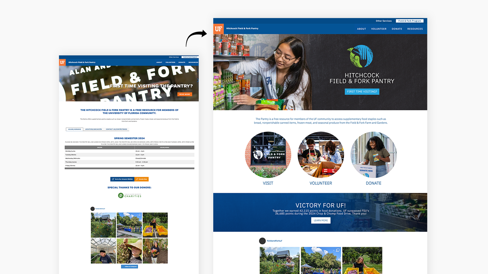 Before and after of Field and Fork Pantry website design.