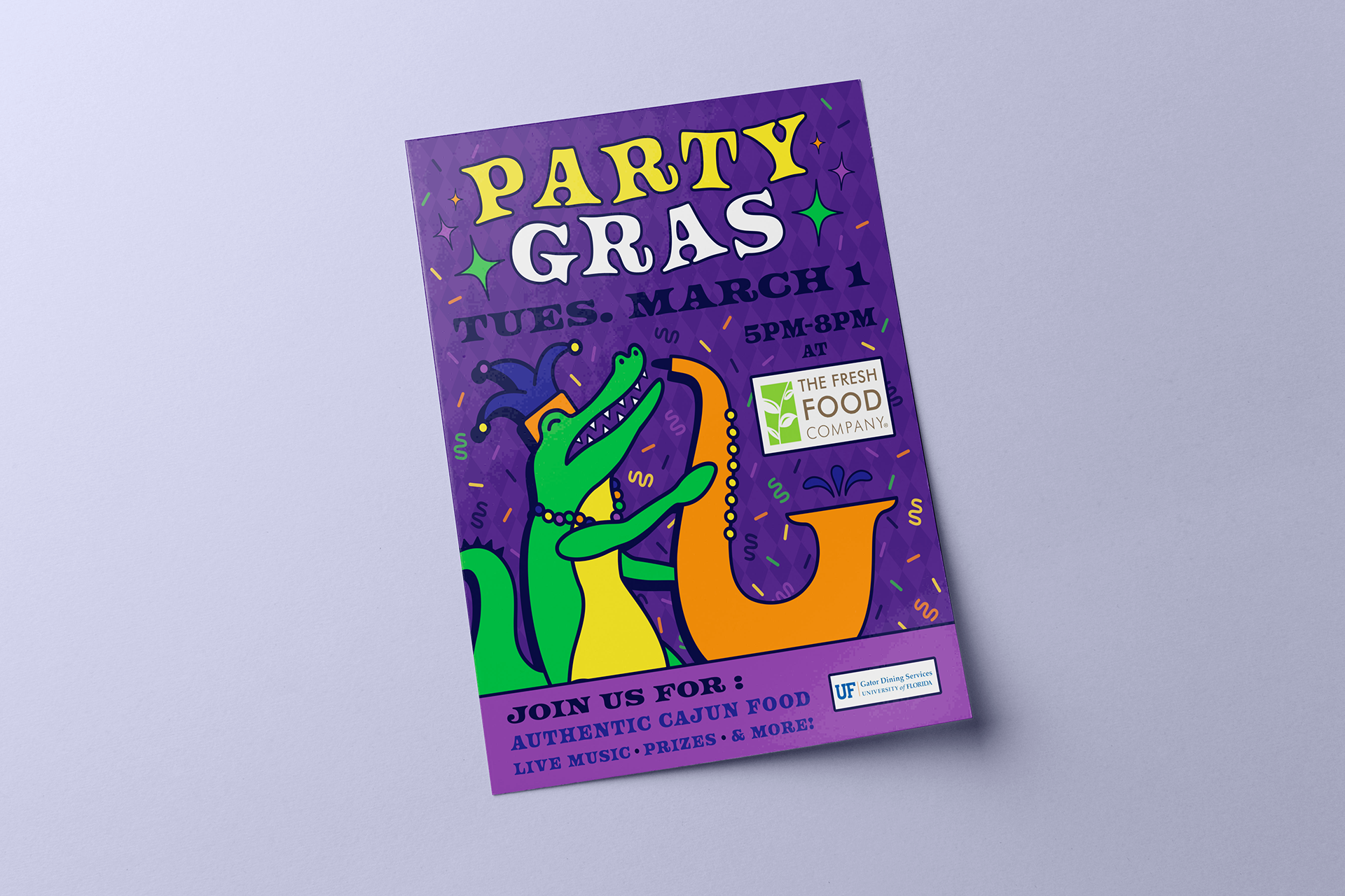 Flyer design for a Mardi Gras themed event called "Party Gras".