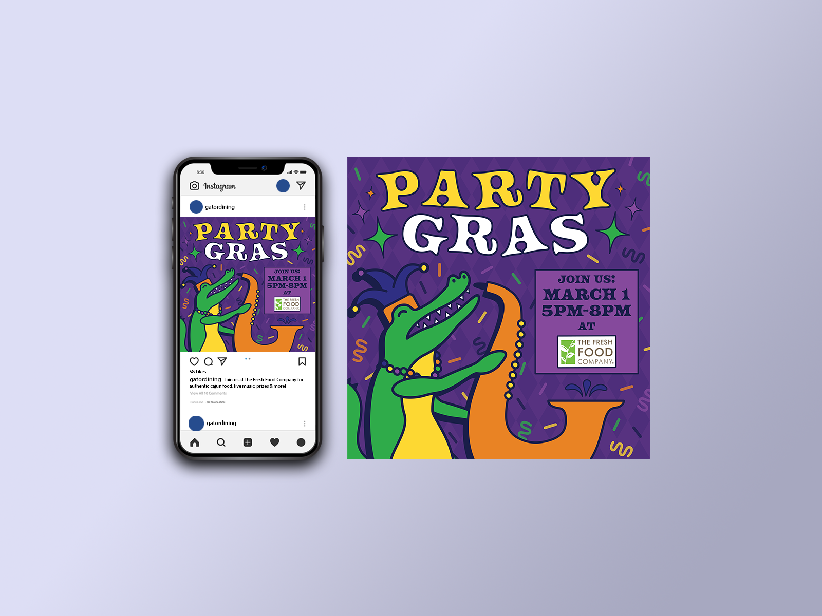 Social media post designed to market a "Party Gras" event.