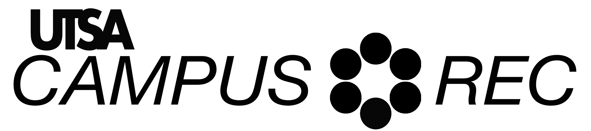 Black & White logo redesign for major department of the UTSA campus. Logo needed to tie into the main University Logo (top left) with a unique text centered departmental logo. The capatialized italic font leans forward giving a sense of motion, while 6 circles between the words, each represent a Sub-Department within the larger department of Campus Recreation