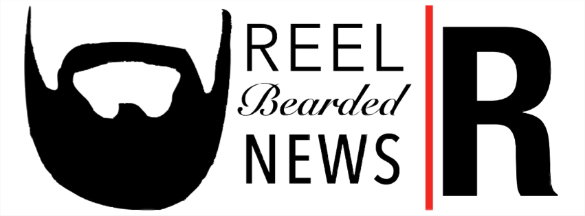 Landscape orientation logo designed for a movie centric podcast with a bearded host.