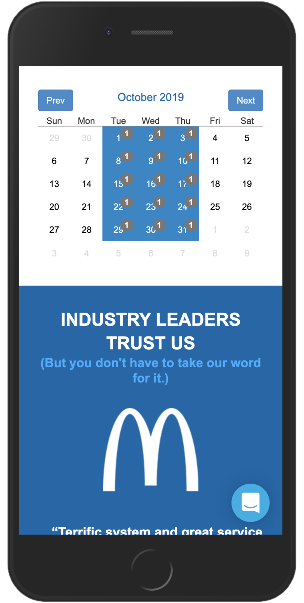 Interactive calendar highlighting free webinars offered for the customer