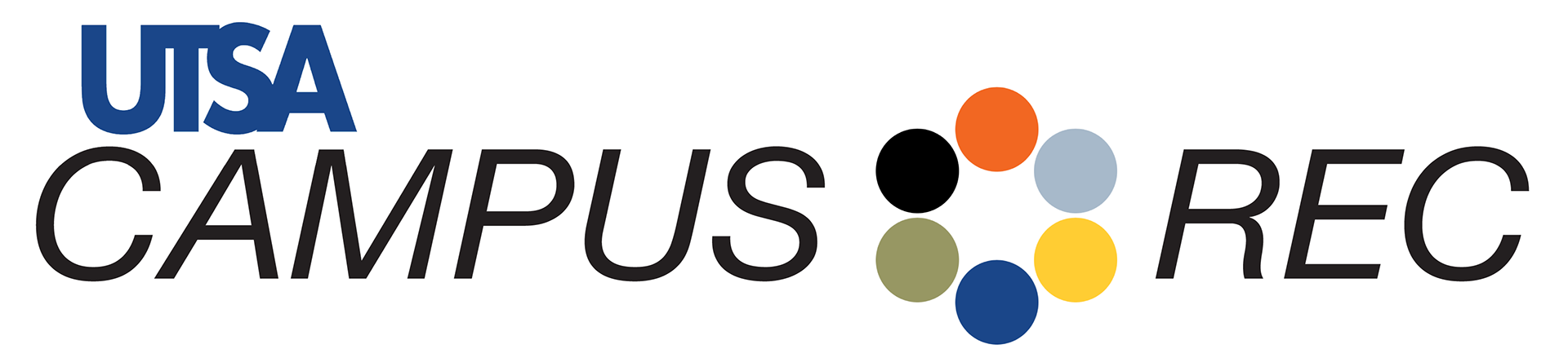 Color logo redesign for major department of the UTSA campus. Logo needed to tie into the main University Logo (top left) with a unique text centered departmental logo. The capatialized italic font leans forward giving a sense of motion, while 6 colored circles between the words, each represent a Sub-Department within the larger department of Campus Recreation