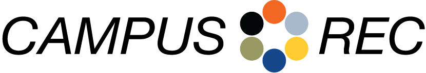 Color logo redesign for major department of the UTSA campus. This version foregoes a tie-in to the main University Logo. With a unique text centered departmental logo. The capatialized italic font leans forward giving a sense of motion, while 6 colored circles between the words, each represent a Sub-Department within the larger department of Campus Recreation