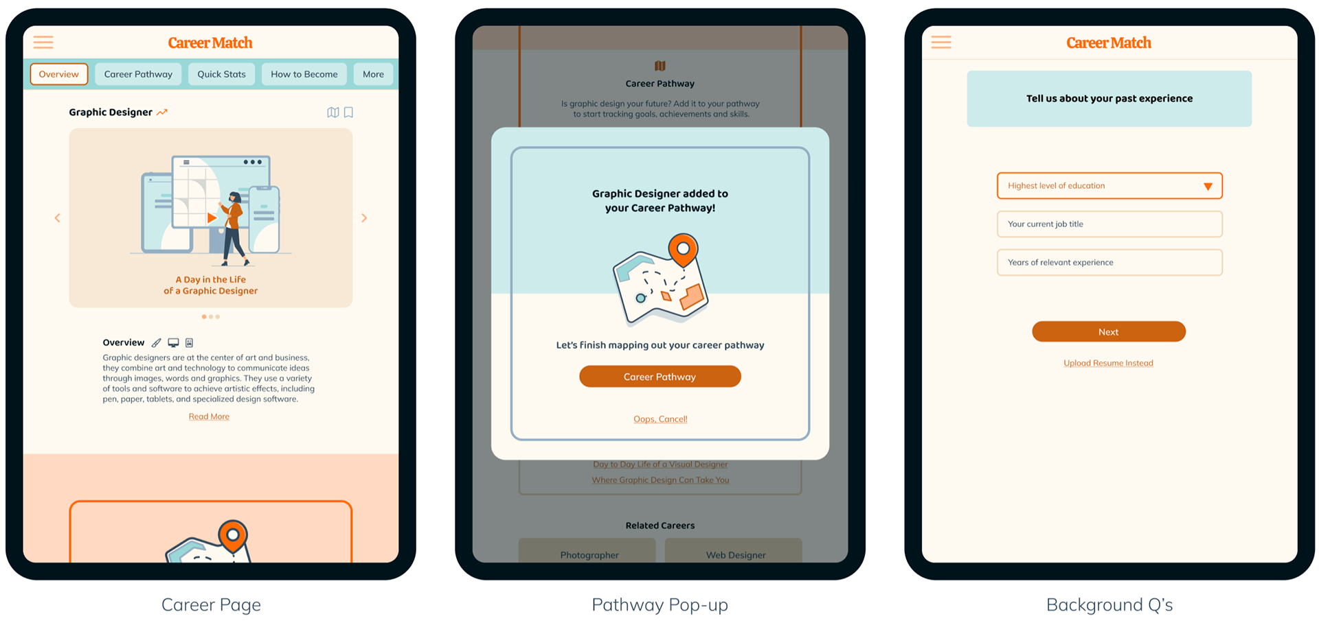 Tablet web mockups: career page, pop-up, background q's