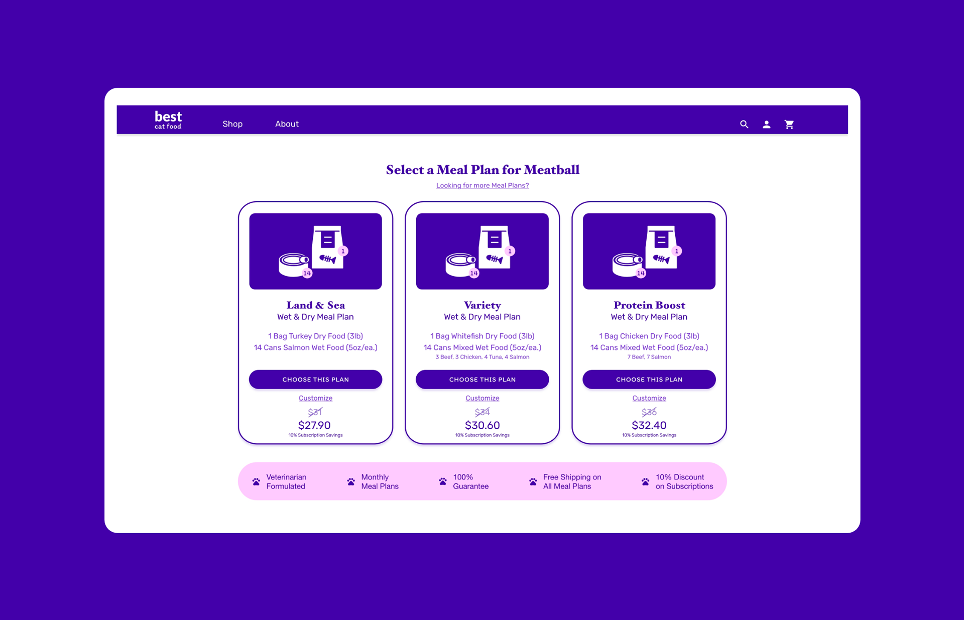 Meal plan selection mockup