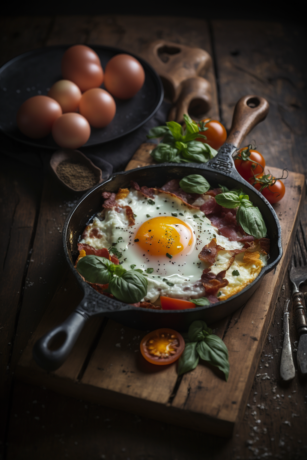 fried egg with bacon, tomato and cheese