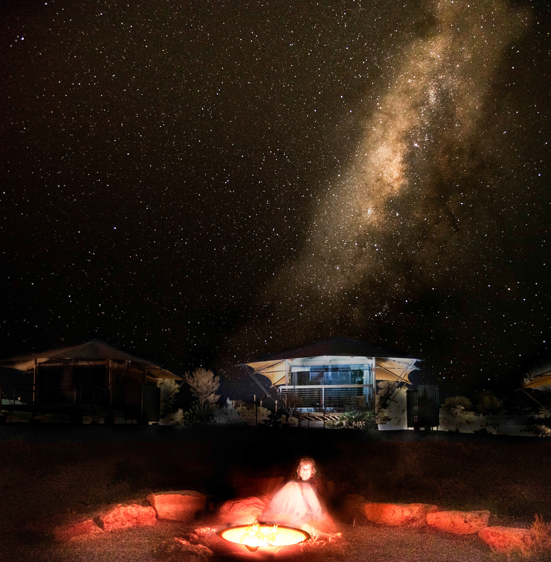 The firepit and the clear desert sky