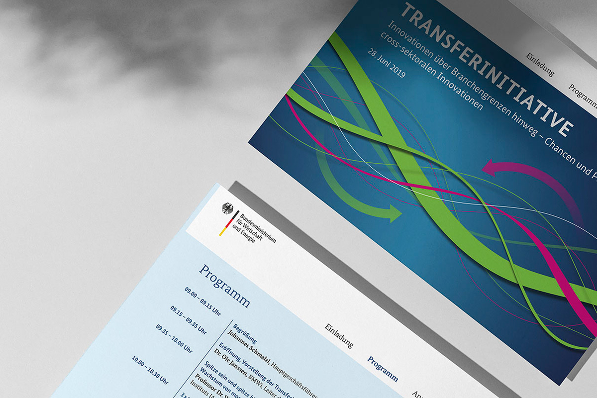 Flyer titled Transfer Initiative - Innovations Across Sector Boundaries. Opportunities and Potentials of Cross-Sector Innovations.