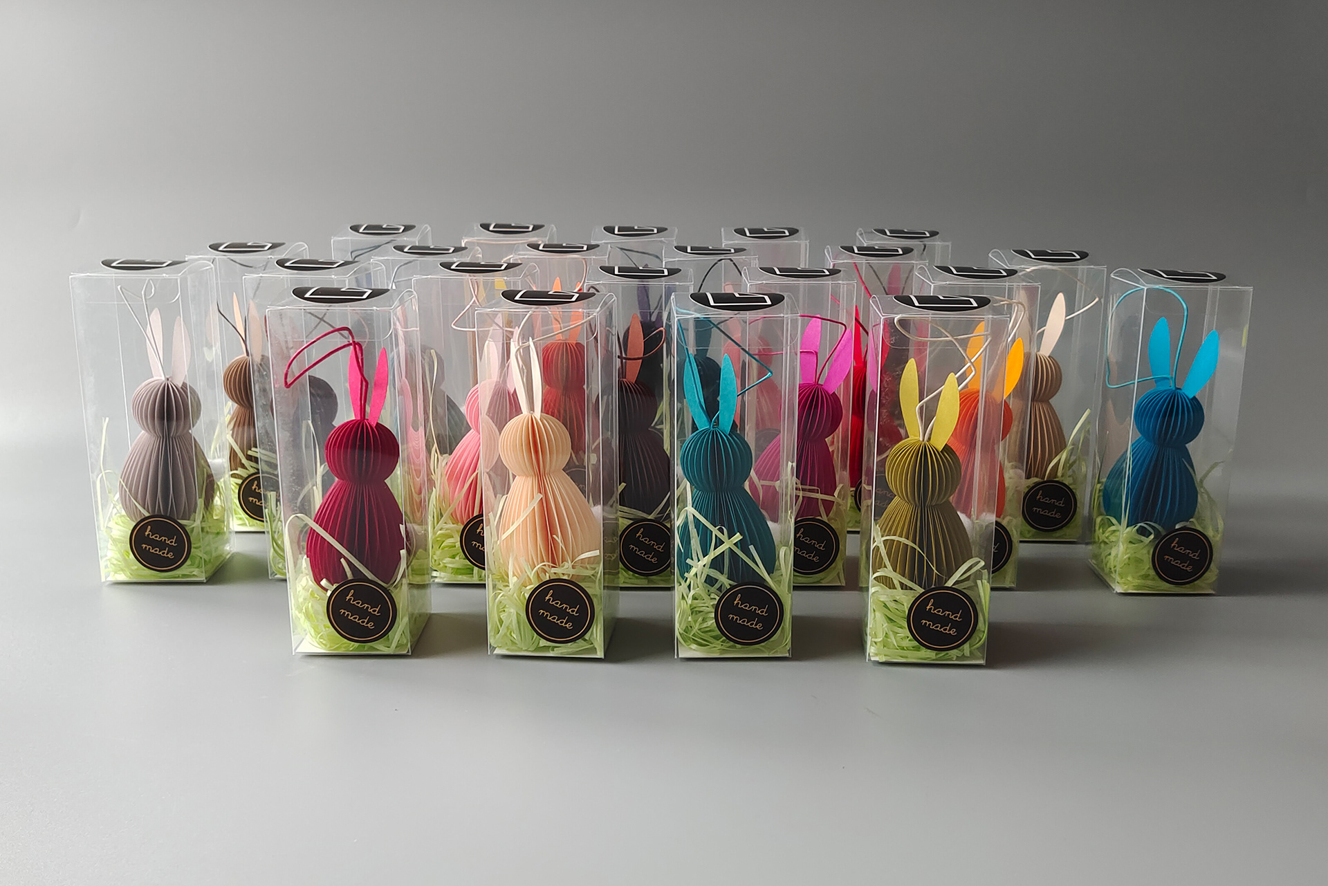 Easter Bunny in fifteen different colors with transparent Packaging.