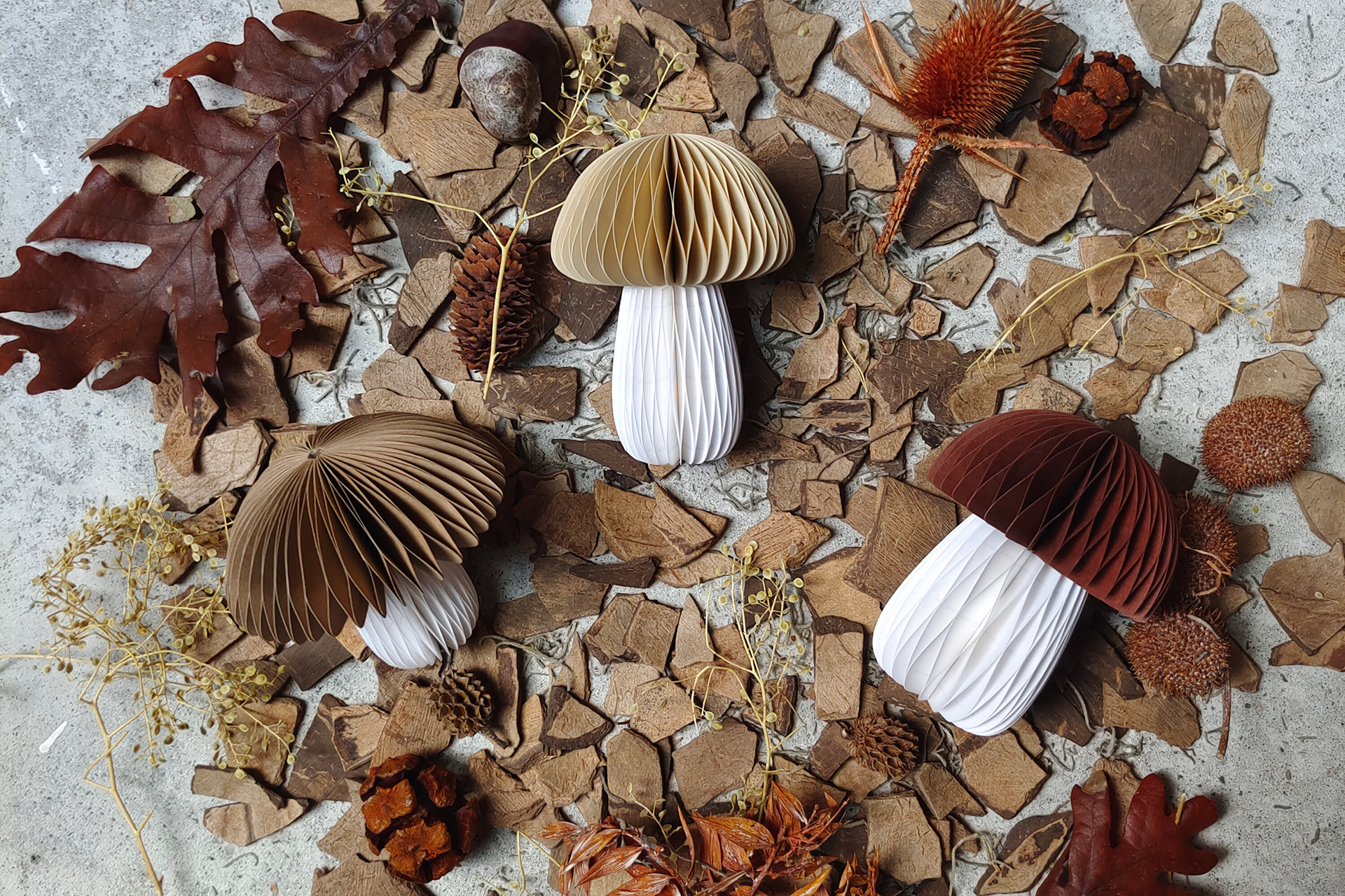 Paper mushrooms in brown tones made of paper as decoration or as a gift for your loved ones.