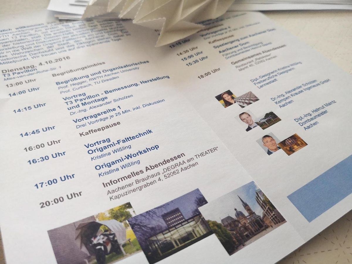 Special paper with a perforated pattern for building architectural models and a flyer about the workshop with Kristina Wißling at RWTH Aachen.