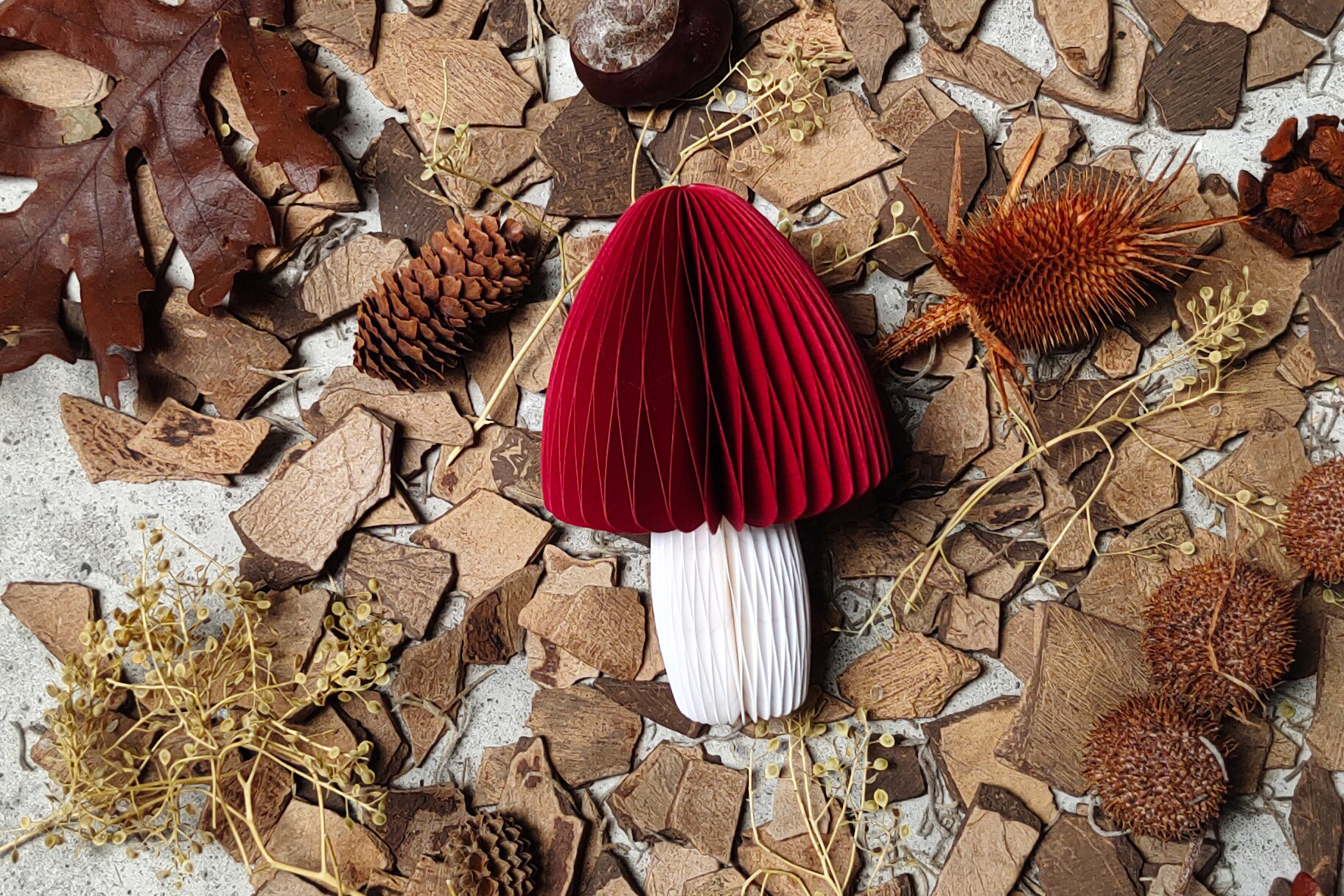 Autumn decoration in mushroom shape made of high-quality drawing paper, handmade.