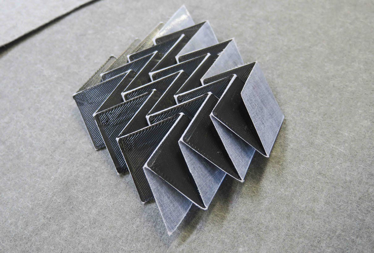 Miura Ori folding textile in combination with 3D printing at the Ars Electronica Festival in Linz.