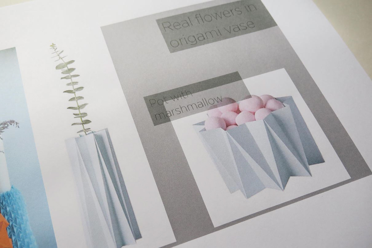 Mood board with folded vessels such as bowls and cups created using origami folding technique.