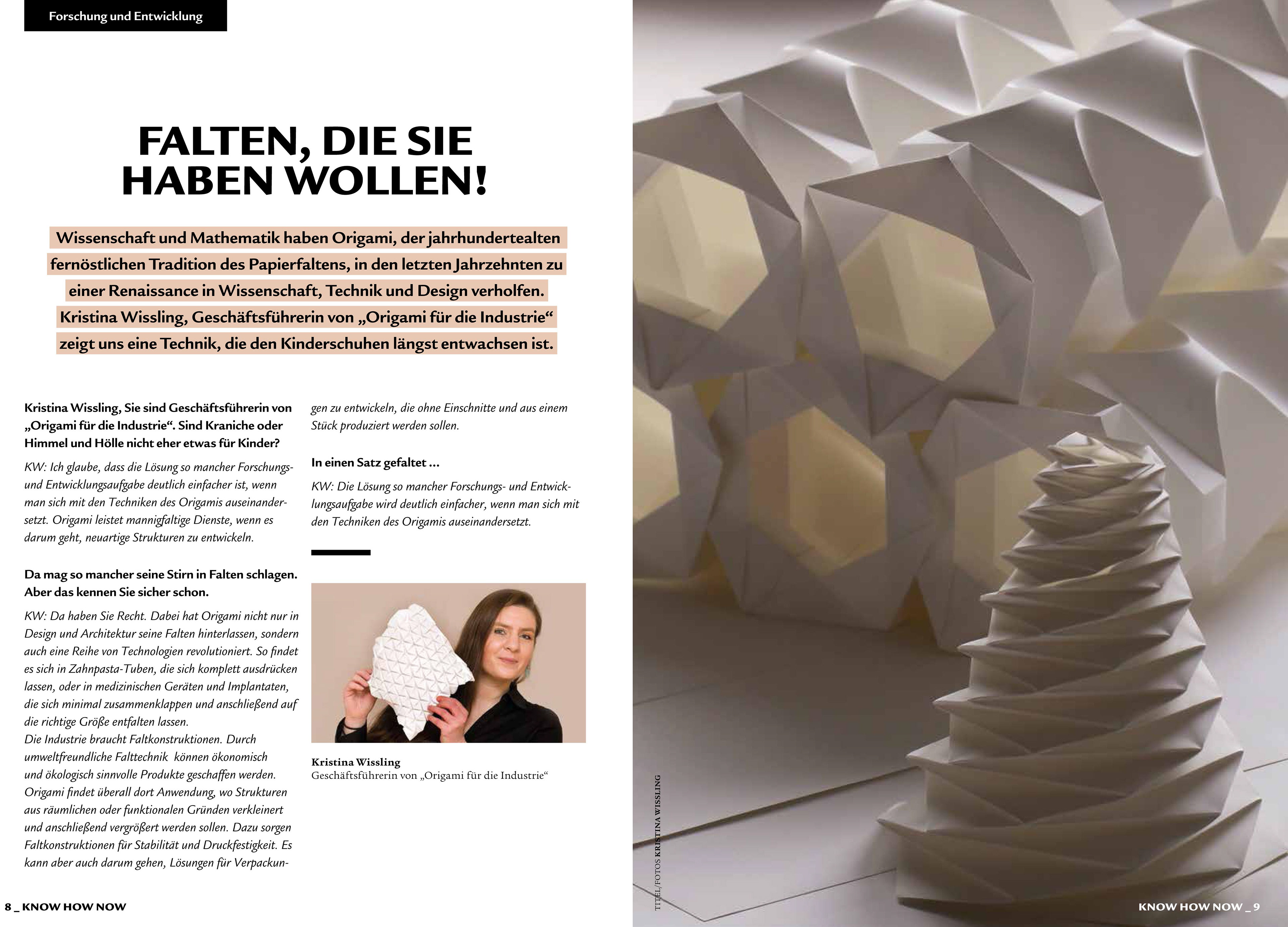Interview with designer Kristina Wißling about origami folding techniques in the magazine Know How Now of the German Packaging Institute.