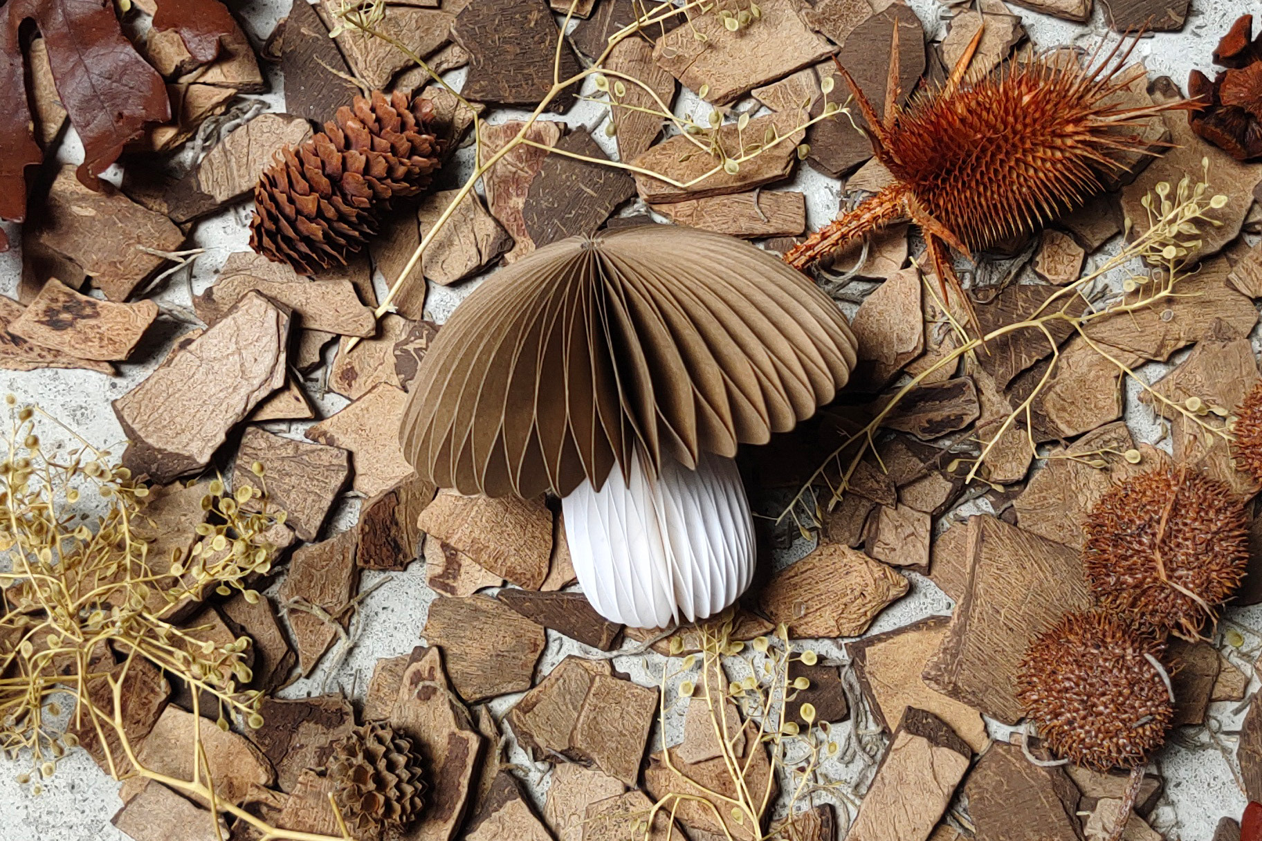Autumn Honeycomb ornament, a small mushroom in brown and white.