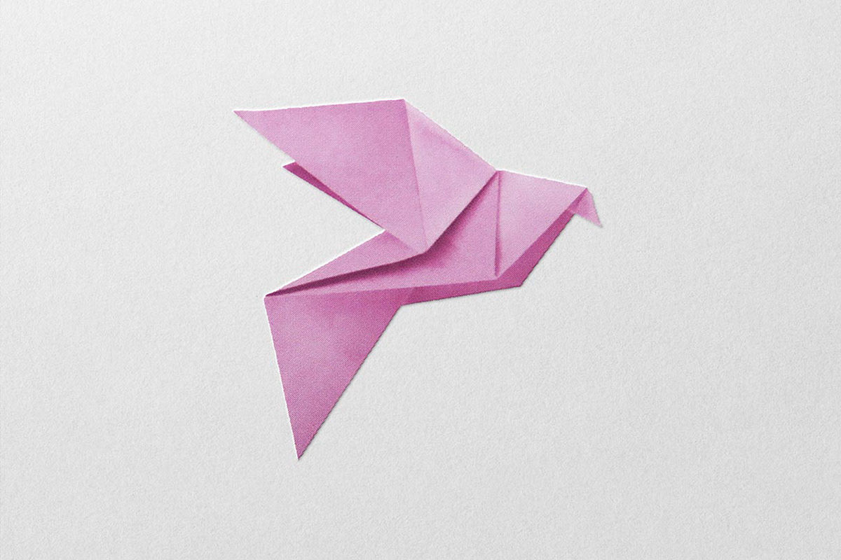 Image of a pink origami dove for a cover illustration.