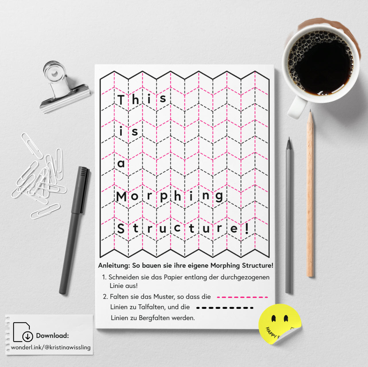 Crease pattern of the Miura Ori folding structure. The fold is available as a template for download.