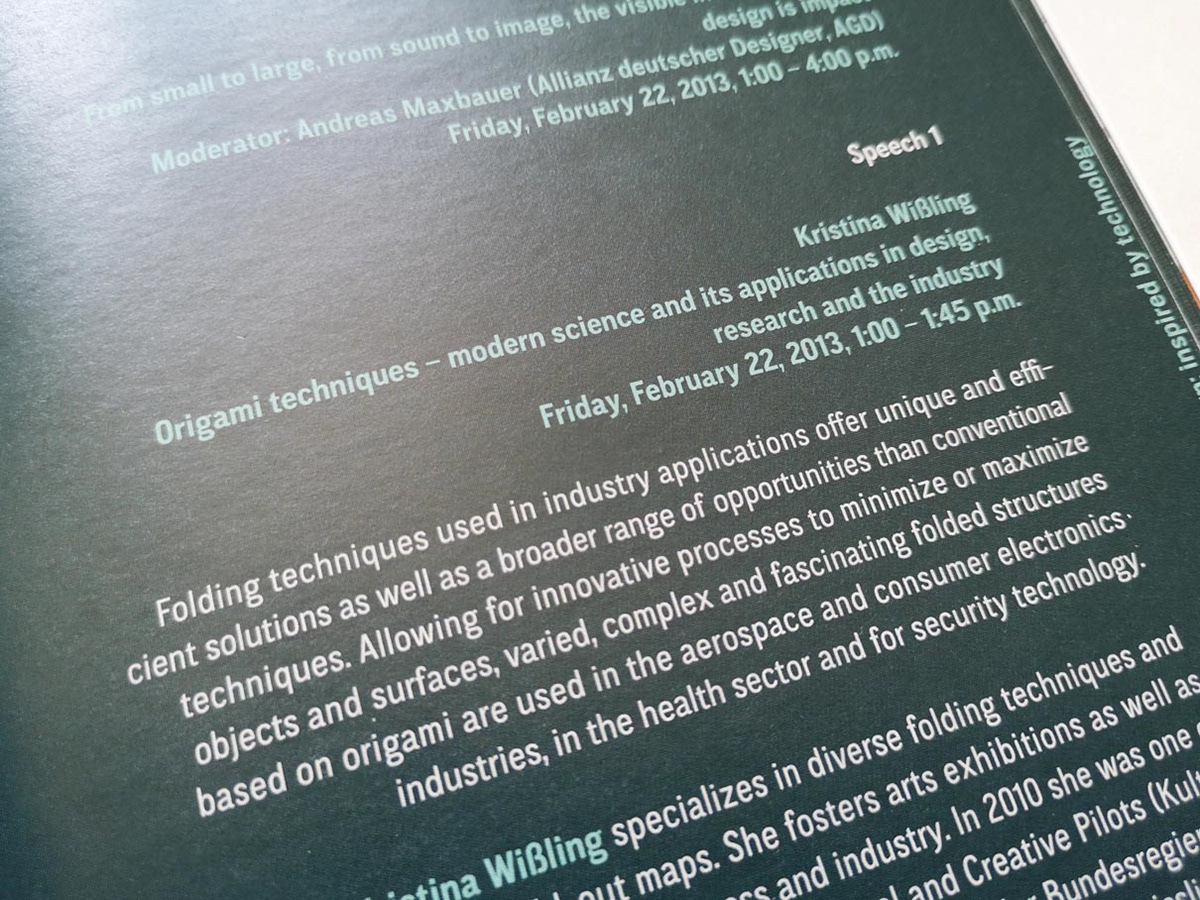 Event flyer "Meet the Builders of Quality" in Munich with Kristina Wißling and her lecture Origami techniques- modern science and its applications in design, research and industry.