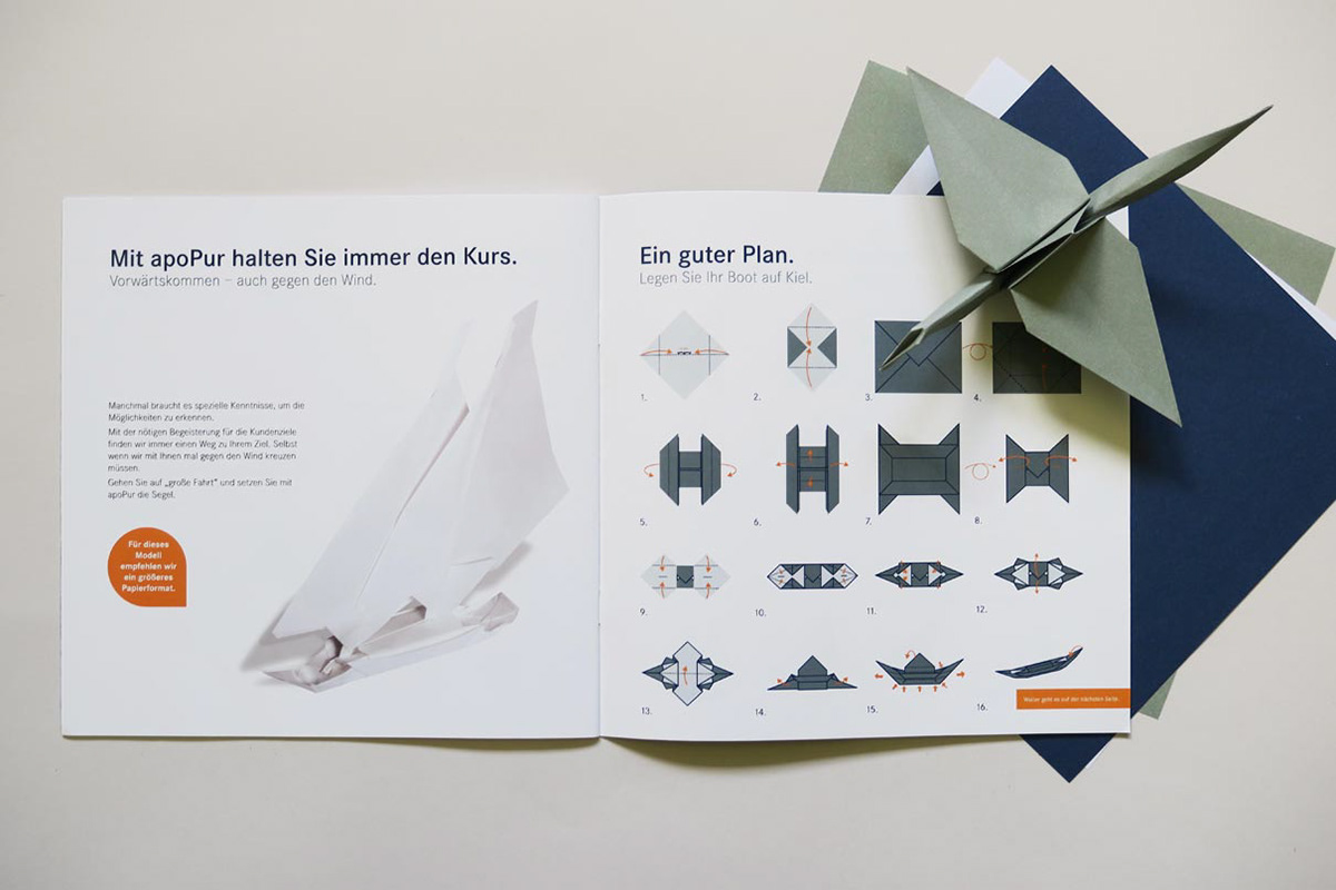 Origami brochure with folding instructions and specially produced origami paper in corporate identity colors.